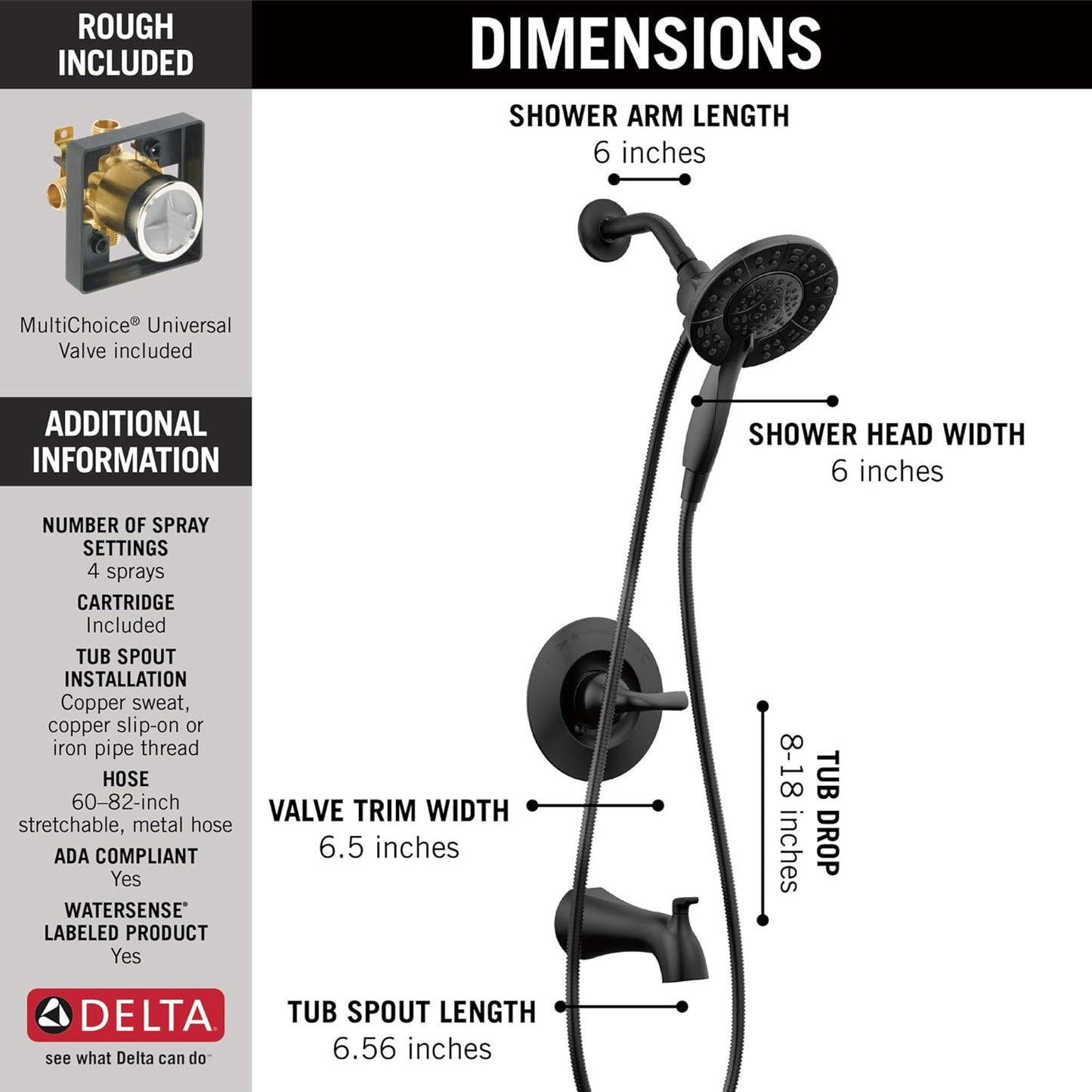 Delta Arvo 14 Series Matte Black Bathtub Shower Faucet Set with In2ition 2-in-1 Dual Shower Head with Handheld Spray Combo, Valve Trim Kit, Matte Black 144840-BL-I (Valve Included)