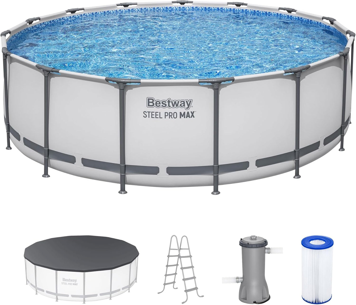 Bestway Steel Pro MAX 15" x 42" Round Above Ground Swimming Pool Set Outdooor Metal Frame Family Pool with Filter Pump, Ladder, and Cover