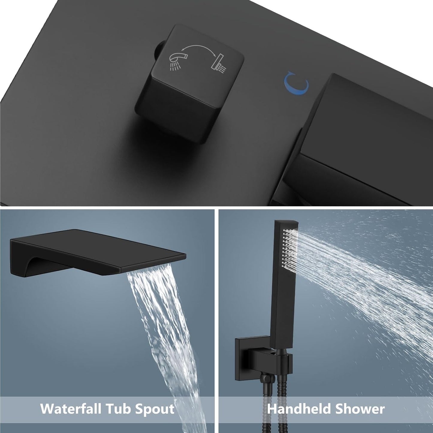Aolemi Wall Mount Bathtub Faucet,Tub Faucet Set Waterfall Wall Mounted Tub Filler with Handheld Sprayer Single Handle,Matte Black