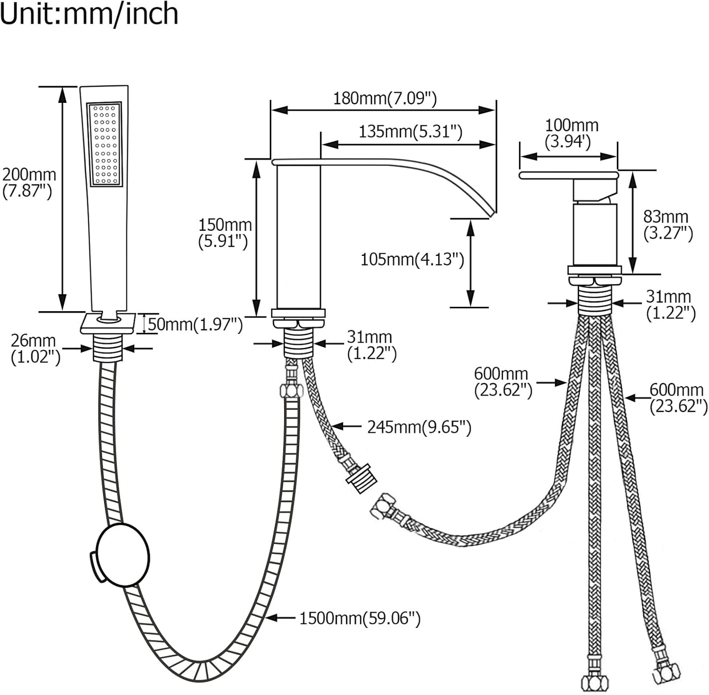 Waterfall Roman Tub Faucet with Hand Shower, Deck Mount Tub Filler Bathtub Faucet with Sprayer, Brass Widespread 3 Hole Bathtub Shower Faucet Set Brushed Nickel