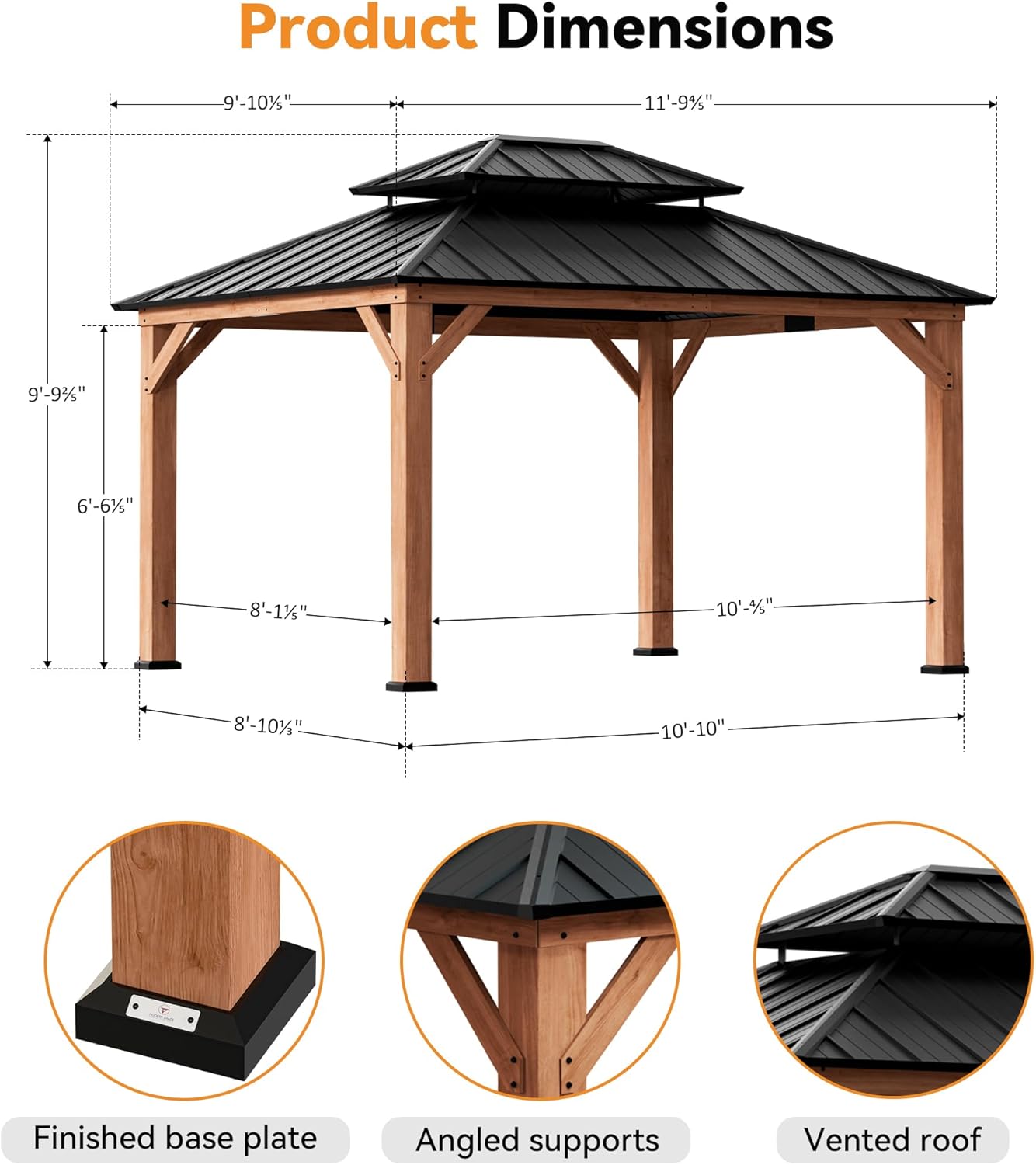 Modern Shade Rosewood Wood Gazebo 10' x 12', Cedar Framed Grill Gazebo with Double Galvanized Steel Roof, Mosquito Netting and Curtains, Permanent Hardtop with Sturdy Hooks for Garden, Backyard, Patio