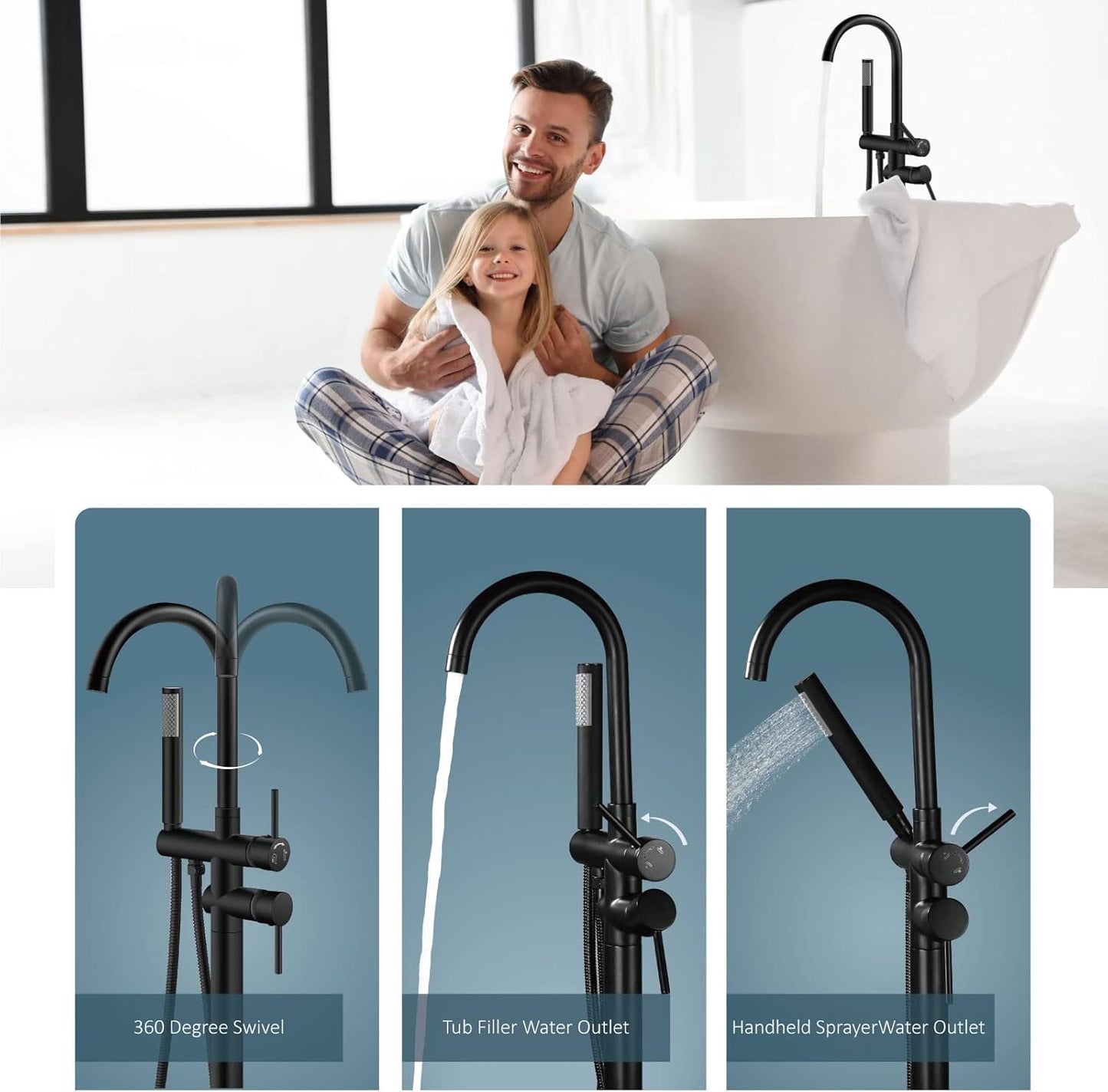 Aolemi Floor Mount Bathtub Faucet Freestanding Tub Filler Standing High Flow Shower Faucets Shower Mixer Taps, Swivel Gooseneck Spout with Cylinder Handheld Matte Black