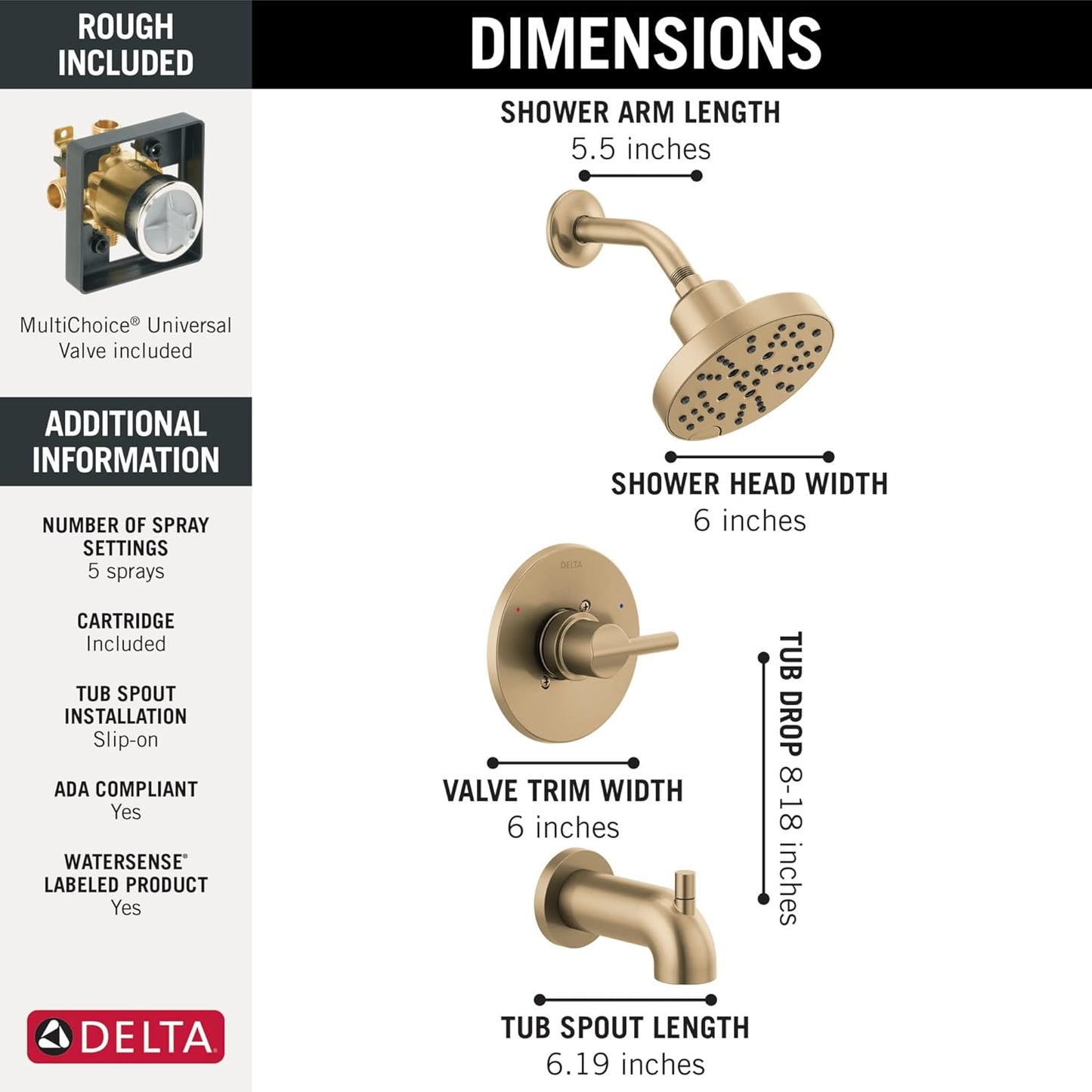 Delta Nicoli 14 Series H2Okinetic Bathtub and Shower Faucet Set, Brushed Gold Shower Head and Handle Set, Valve Trim Kit, Champagne Bronze 144749-CZ (Valve Included)