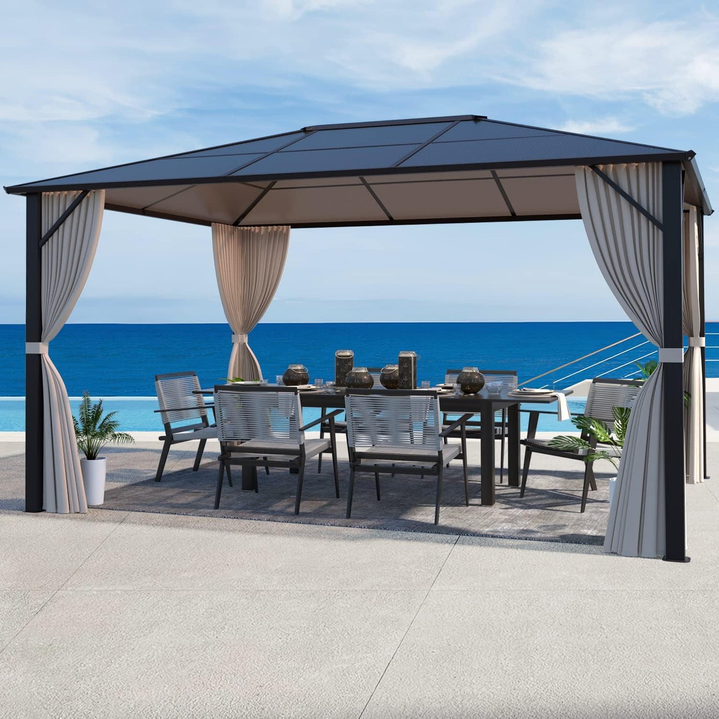 EROMMY 10' x 12' Hardtop Gazebo, Aluminum Frame Gazebos with Galvanized Steel Double Roof, Permanent Outdoor Metal Pavilion with Curtain and Netting for Patio, Lawn, Deck