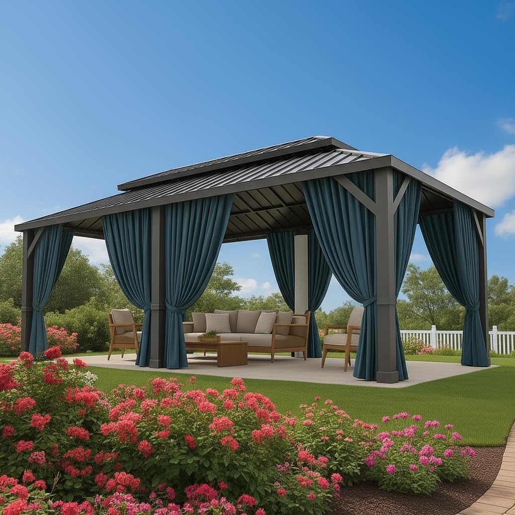 HOTEEL 10x12 Hardtop Gazebo Hot Tub Gazebo with Flame-Retardant Curtain Netting, Heavy Duty Pavilion with Galvanized Steel Double Roof, Aluminum Frame Outdoor Canopy for Patio, Party (2025 Upgraded)