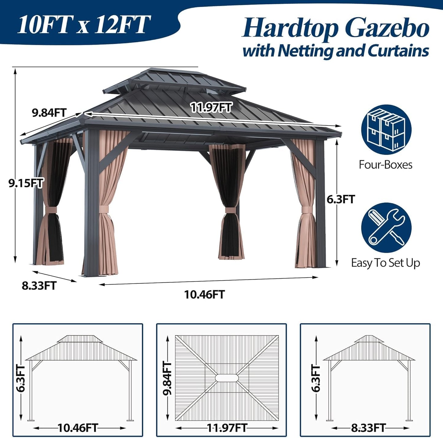 COVERONICS 10' x 12' Outdoor Galvanized Hardtop Gazebo - Aluminum Heavy-Duty Double Roof Vented Gazebo with Breathable Netting & Privacy Curtains for Patio, Porch, Garden, Lawn