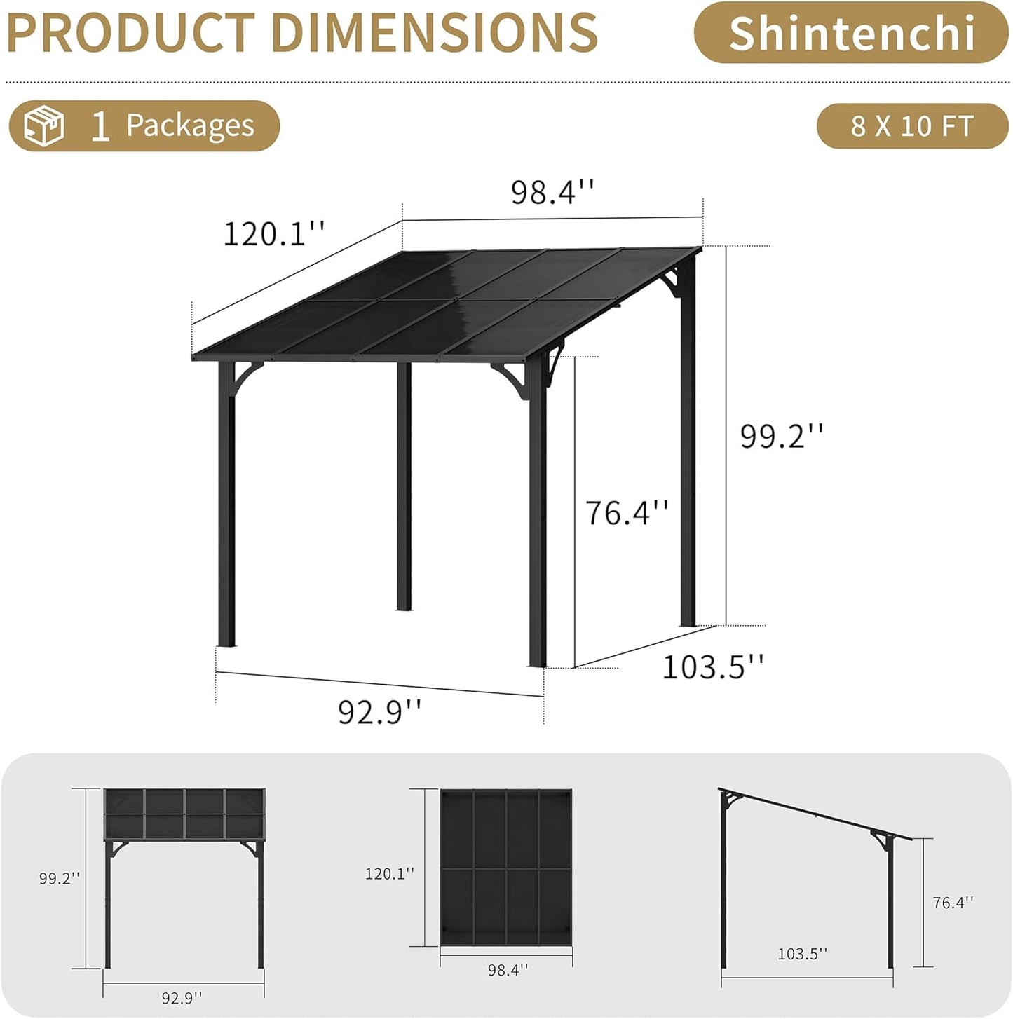 Shintenchi 8’x 10’ Gazebo,Metal Wall-Mounted Gazebo Pergola,Outdoor Patio Lean to Gazebo,Awnings with Sloped Roof,for Backyard,Porch,Deck