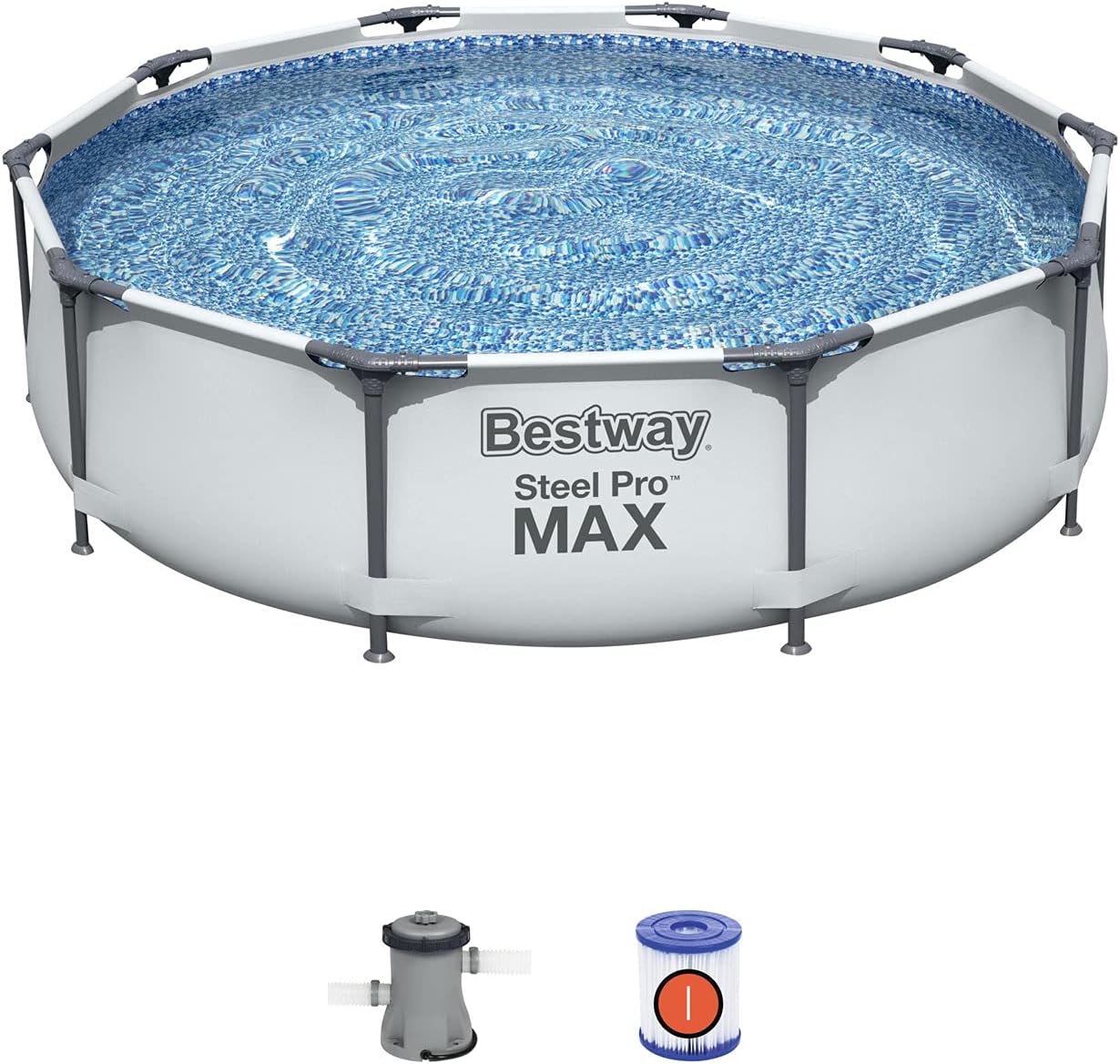 Bestway Steel Pro MAX 10 Foot x 30 Inch Round Metal Frame Above Ground Outdoor Backyard Swimming Pool Set with 330 GPH Filter Pump