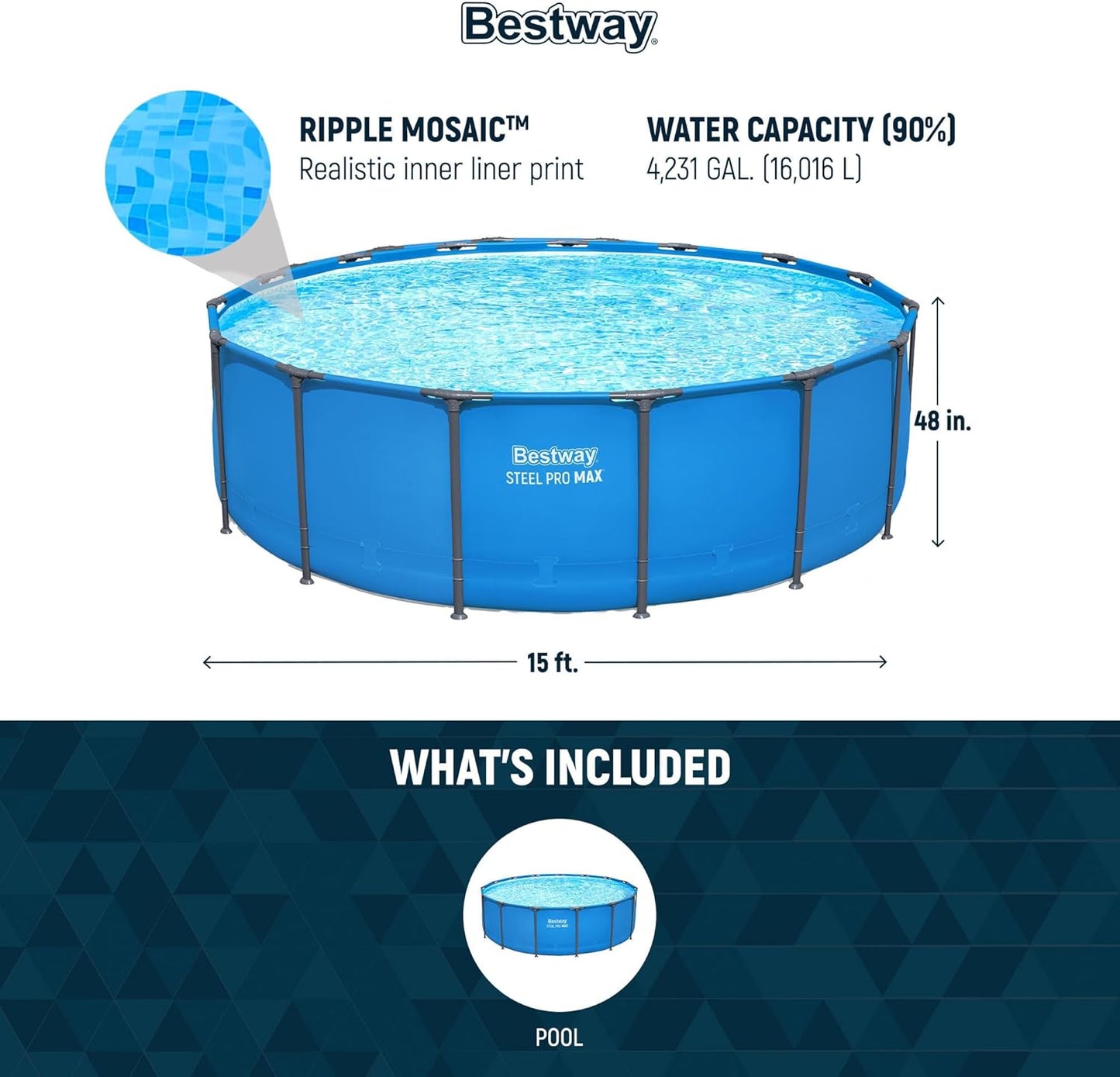 Bestway Steel Pro MAX 15’ x 48" Round Metal Steel Frame Above Ground Outdoor Backyard Swimming Pool for Families, Pool ONLY