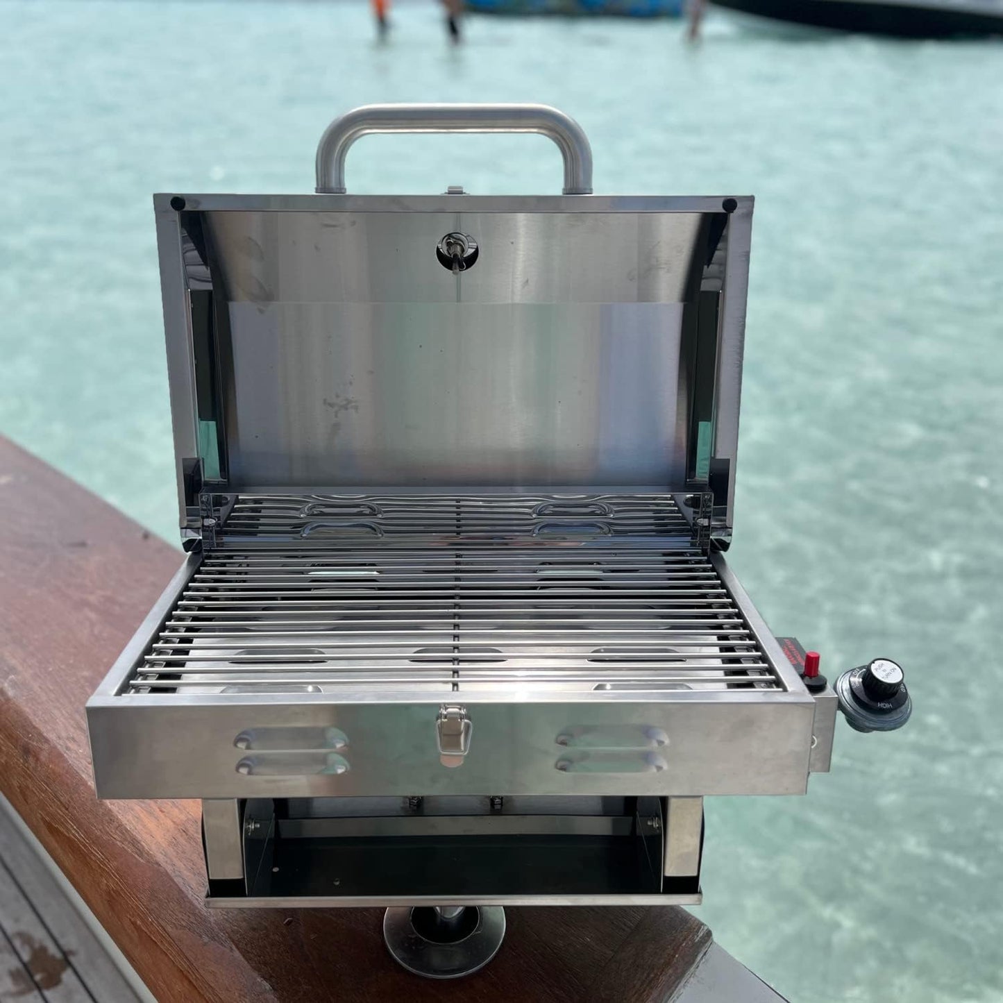 Bunker Up Fishin Stainless Steel Boat Grill with Rod Holder Mount - Great for Boating Marine and Camping - Portable BBQ Grill | Tabletop Grill, 12000 BTU Burner, 246 sq.in Grilling Space