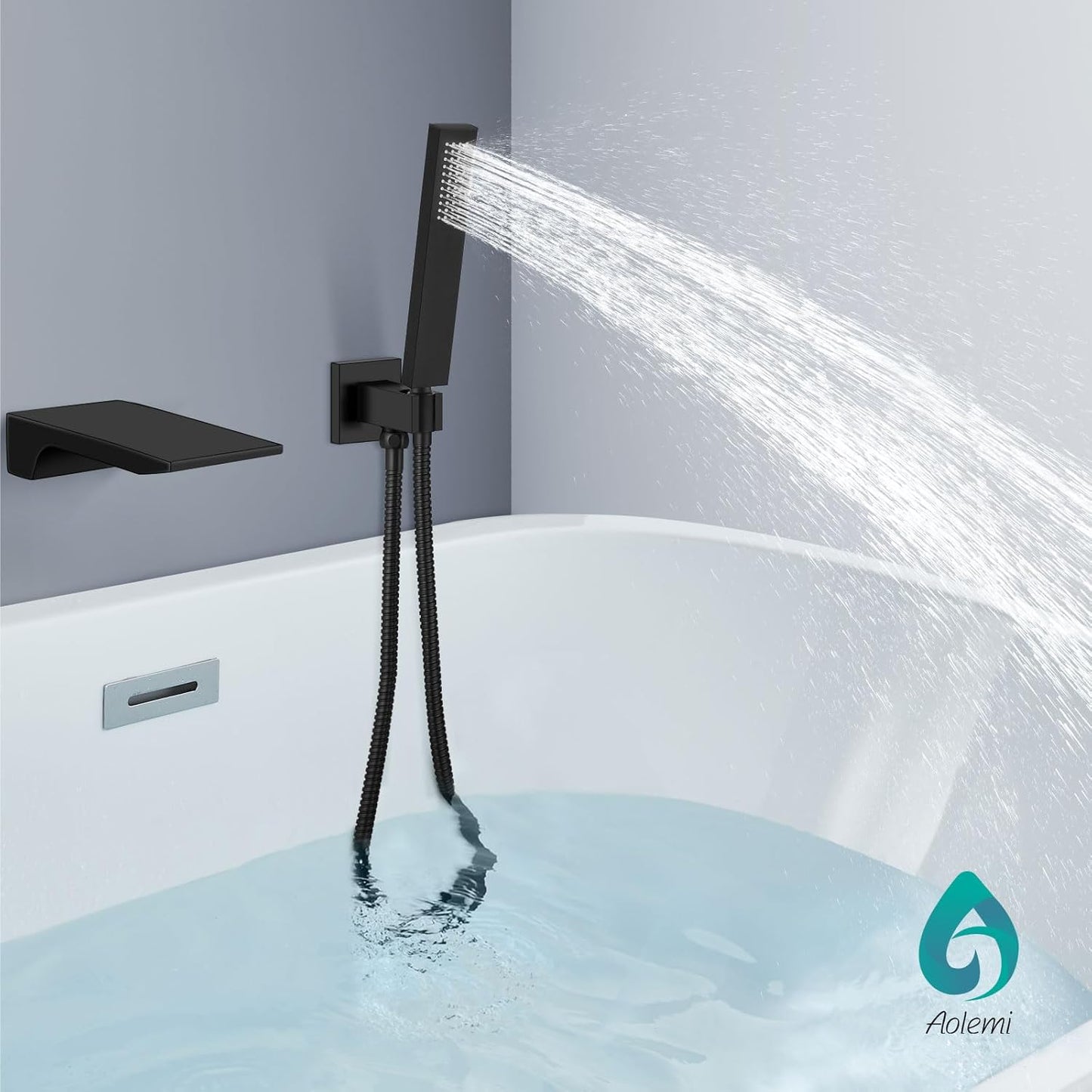 Aolemi Wall Mount Bathtub Faucet,Tub Faucet Set Waterfall Wall Mounted Tub Filler with Handheld Sprayer Single Handle,Matte Black