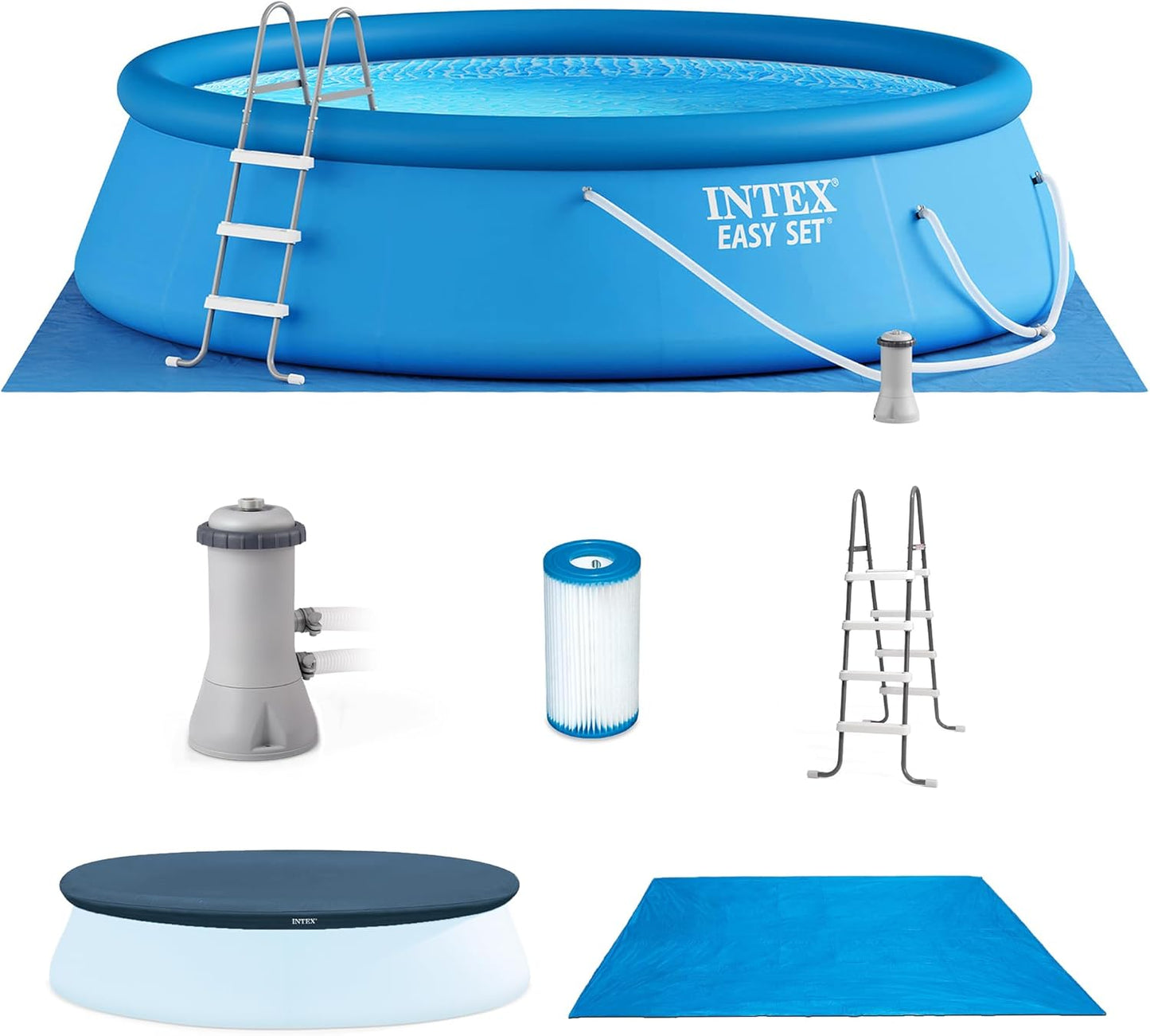 INTEX 26165EH Easy Set Inflatable Swimming Pool Set: 15ft x 42in – Includes 1000 GPH Cartridge Filter Pump – Removable Ladder – Pool Cover – Ground Cloth