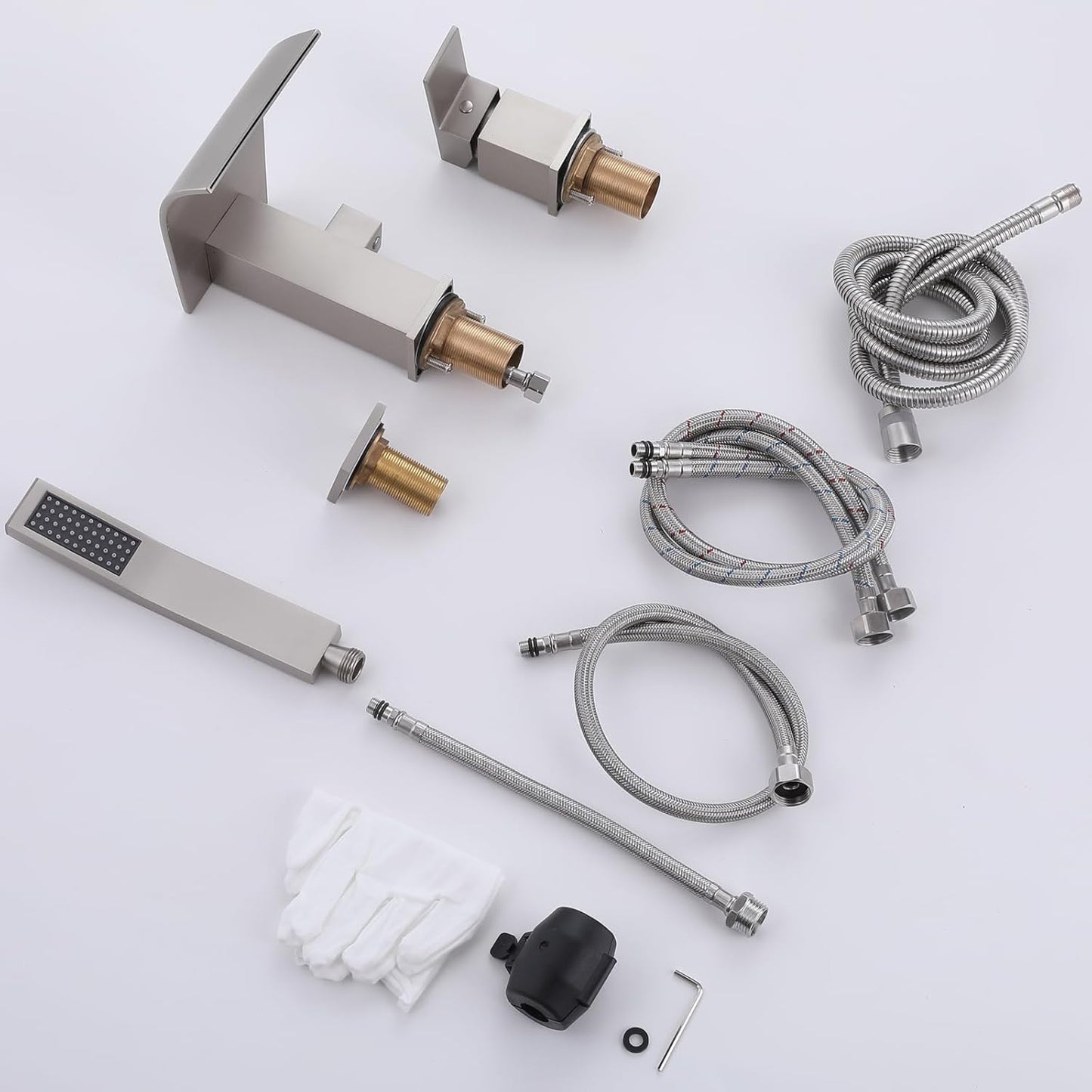 Waterfall Roman Tub Faucet with Hand Shower, Deck Mount Tub Filler Bathtub Faucet with Sprayer, Brass Widespread 3 Hole Bathtub Shower Faucet Set Brushed Nickel