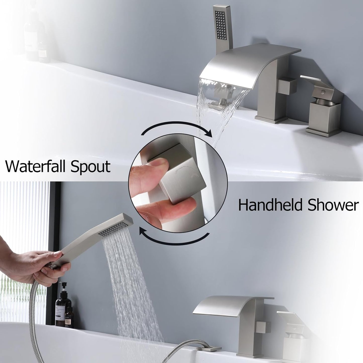 Waterfall Roman Tub Faucet with Hand Shower, Deck Mount Tub Filler Bathtub Faucet with Sprayer, Brass Widespread 3 Hole Bathtub Shower Faucet Set Brushed Nickel