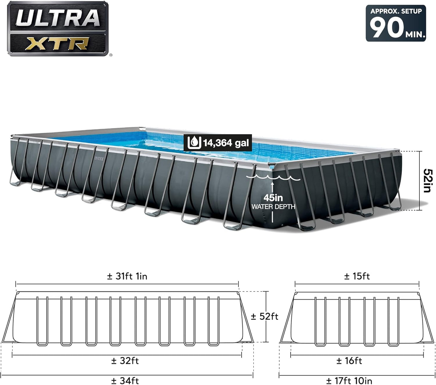 INTEX 26373EH Ultra XTR Deluxe Rectangular Above Ground Swimming Pool Set: 32ft x 16ft x 52in – Includes 2800 GPH Sand Filter Pump – Easy Assembly