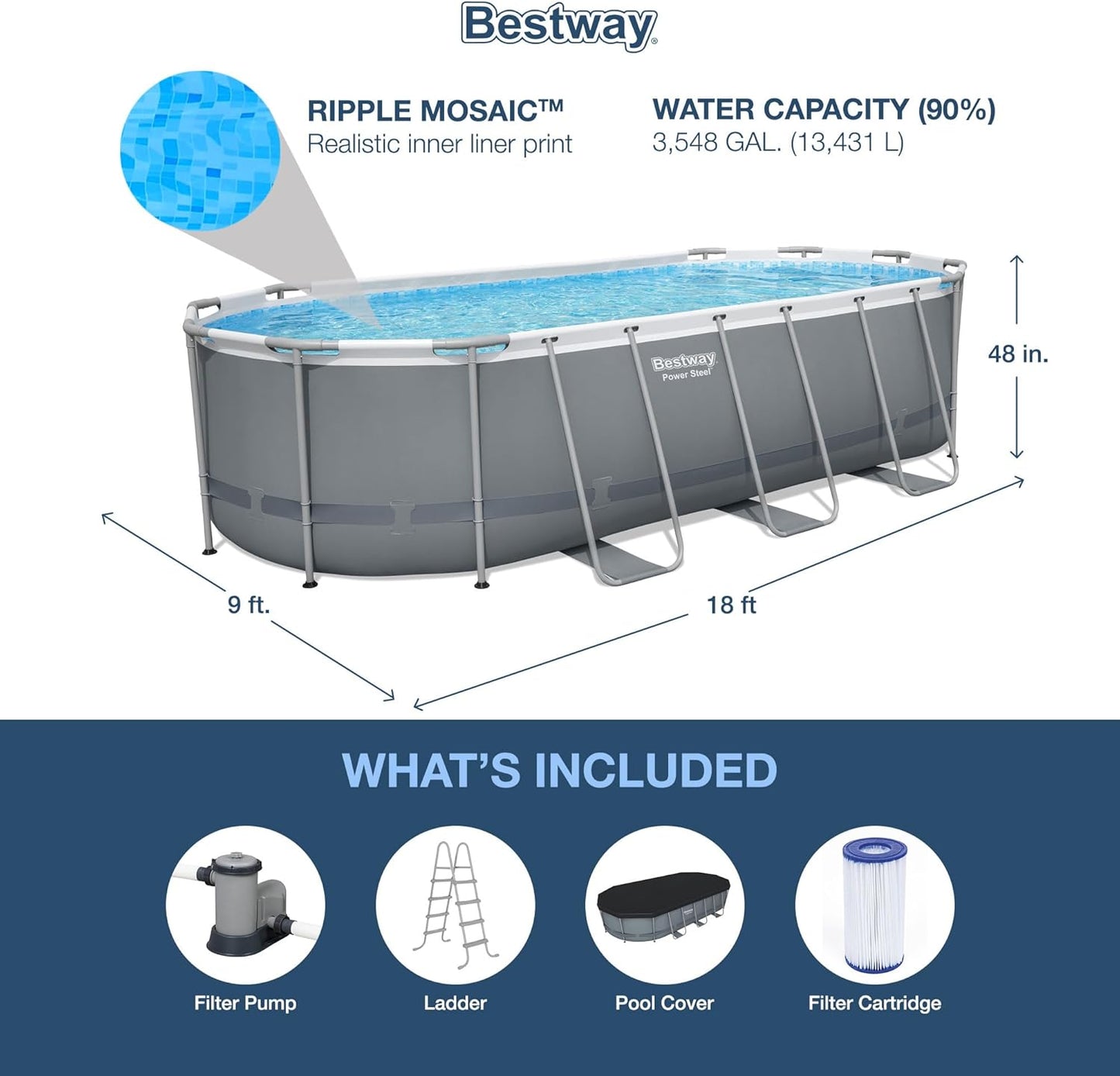 Bestway Power Steel 18' x 9' x 48" Oval Metal Frame Above Ground Outdoor Backyard Swimming Pool Set with 1500 GPH Filter Pump, Ladder, and Pool Cover