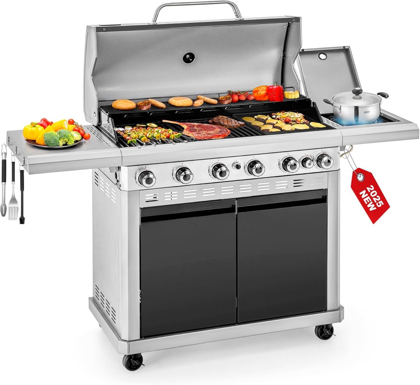 2 in 1 Propane Gas BBQ Grill with Side Burner & Porcelain-Enameled Cast Iron Grate, 4-Burner Flat Top Griddle, 46,700 BTU Outdoor Barbecue Propane Griddle Grill Combo for Camping, Patio, Backyard