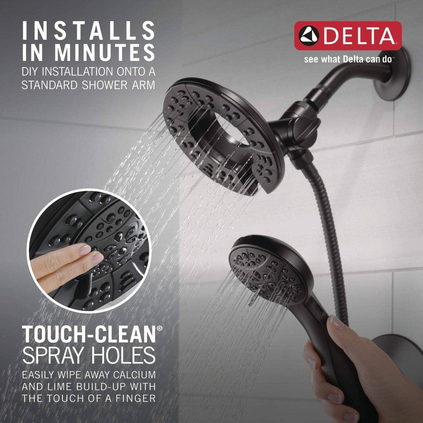 Delta Arvo 14 Series Matte Black Bathtub Shower Faucet Set with In2ition 2-in-1 Dual Shower Head with Handheld Spray Combo, Valve Trim Kit, Matte Black 144840-BL-I (Valve Included)