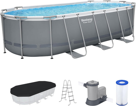 Bestway Power Steel 18' x 9' x 48" Oval Metal Frame Above Ground Outdoor Backyard Swimming Pool Set with 1500 GPH Filter Pump, Ladder, and Pool Cover