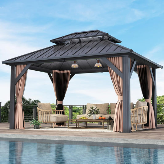 COVERONICS 10' x 12' Outdoor Galvanized Hardtop Gazebo - Aluminum Heavy-Duty Double Roof Vented Gazebo with Breathable Netting & Privacy Curtains for Patio, Porch, Garden, Lawn