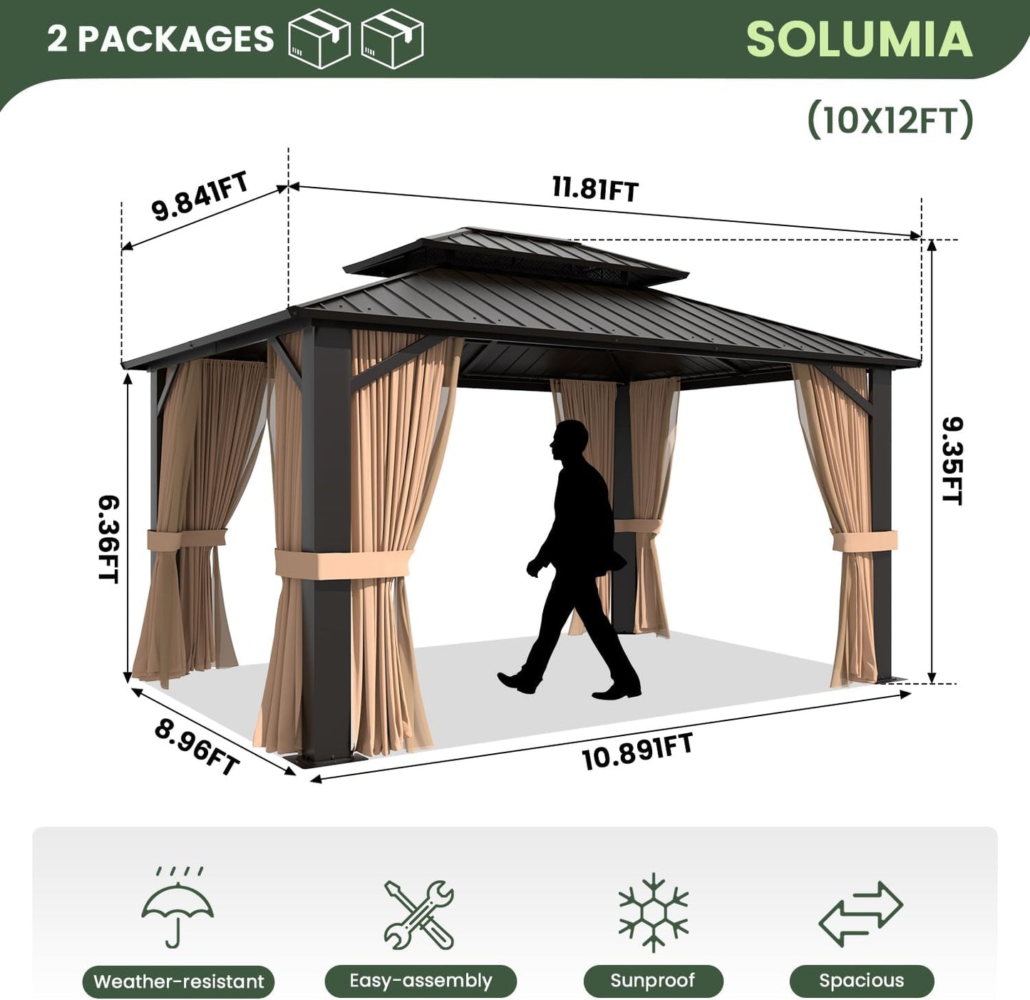 10’x12’ Hardtop Gazebo, Galvanized Steel Double Roof Canopy with Aluminum Frame, Outdoor Pavilion with Nettings and Curtains