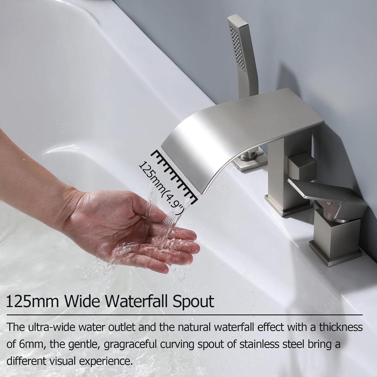 Waterfall Roman Tub Faucet with Hand Shower, Deck Mount Tub Filler Bathtub Faucet with Sprayer, Brass Widespread 3 Hole Bathtub Shower Faucet Set Brushed Nickel