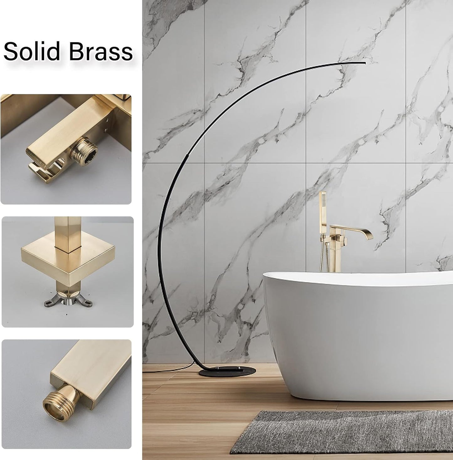 Freestanding Bathtub Faucet Brushed Gold Floor Mount Waterfall Tub Filler High Flow with Hand Shower Solid Brass 360 Degree Swivel Standing Mixer Taps for Bathroom