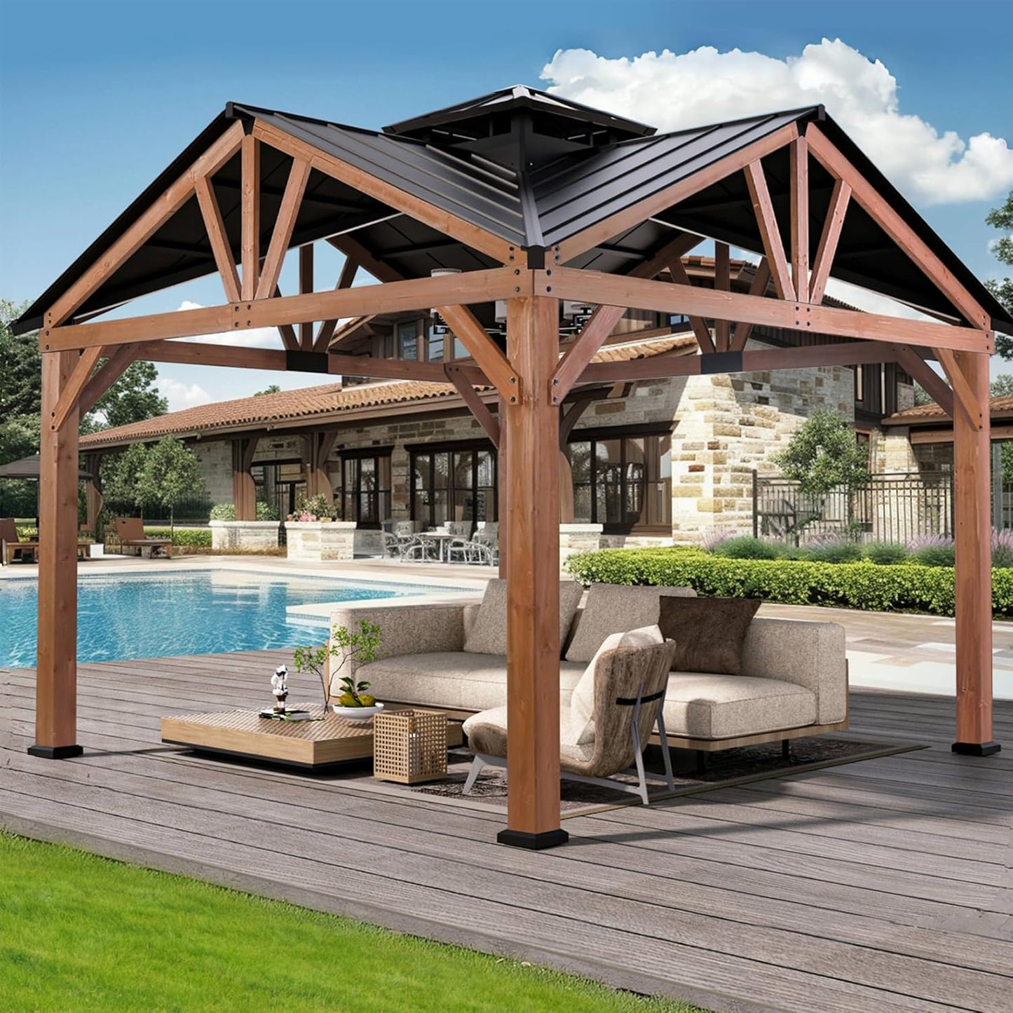 Modern Shade Supreme Cedar Wood Gazebo 12' x 16' with Hardtop Slope Roof, Wooden Grill Gazebo with Durable and Rot-Resistant, Supports Snow Loads and High Wind Speeds, Ideal for Backyard, Deck, Garden