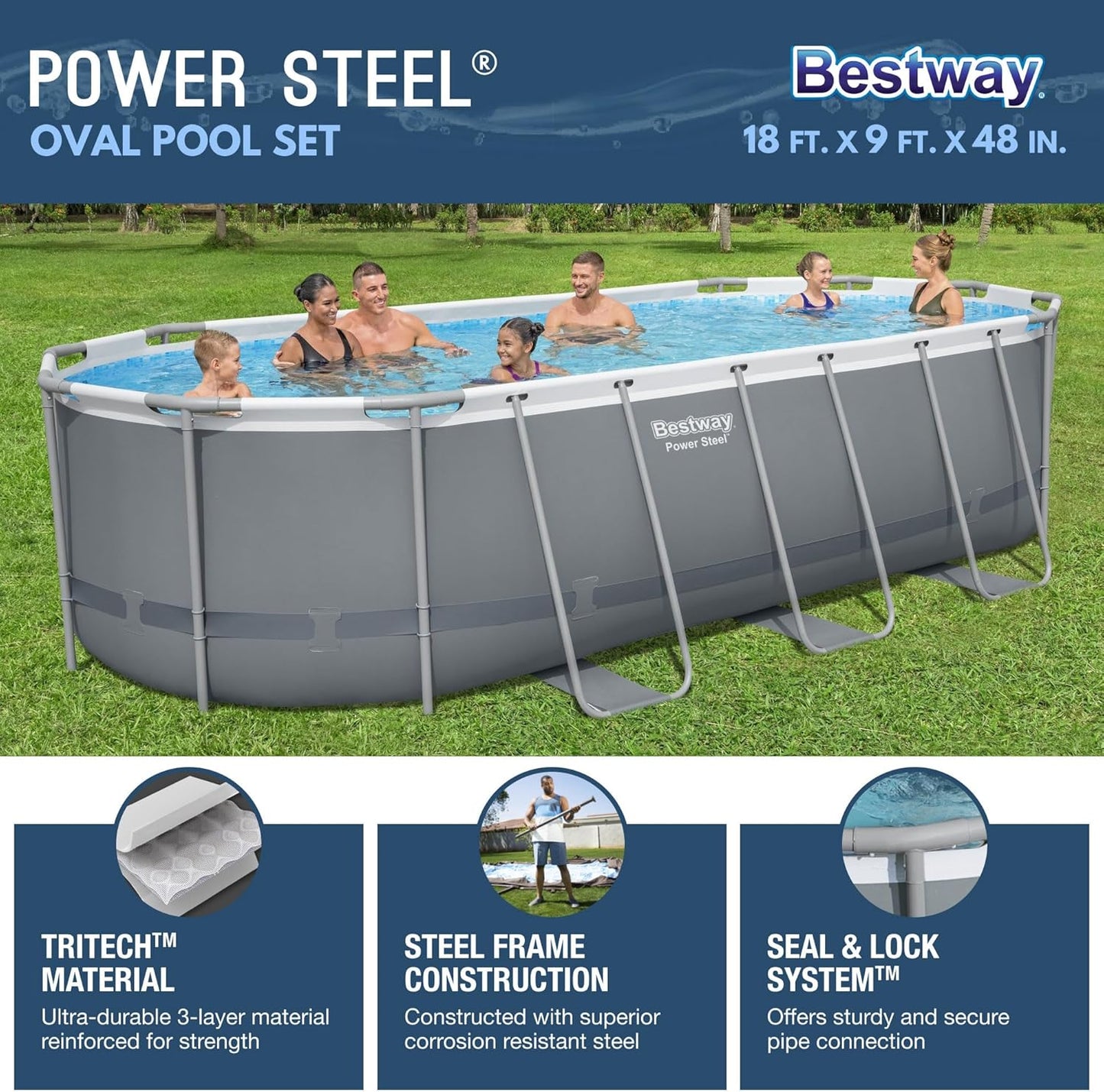 Bestway Power Steel 18' x 9' x 48" Oval Metal Frame Above Ground Outdoor Backyard Swimming Pool Set with 1500 GPH Filter Pump, Ladder, and Pool Cover
