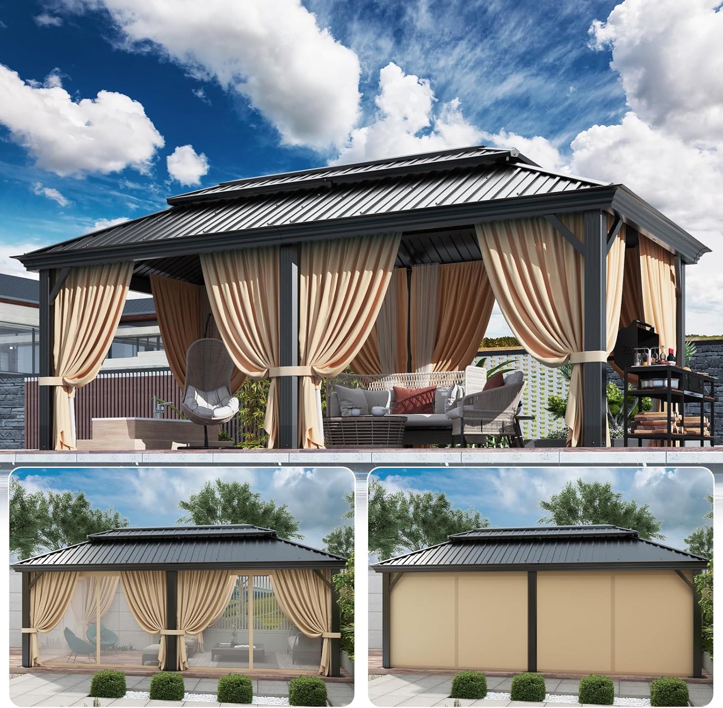 HOTEEL 10x12 Hardtop Gazebo Hot Tub Gazebo with Flame-Retardant Curtain Netting, Heavy Duty Pavilion with Galvanized Steel Double Roof, Aluminum Frame Outdoor Canopy for Patio, Party (2025 Upgraded)