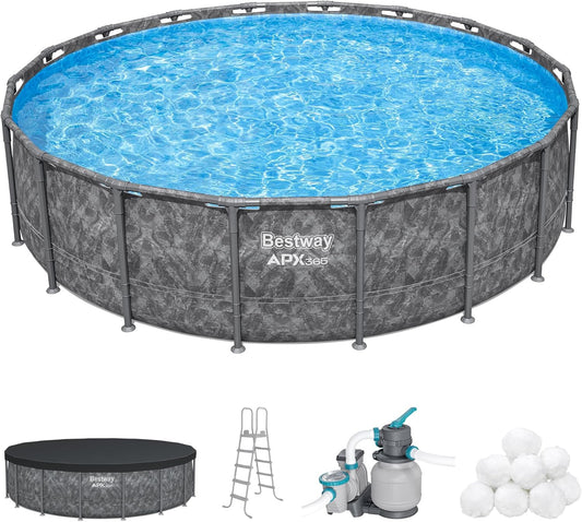 Bestway APX 365 18' x 52" Round Above Ground Swimming Pool Outdoor Backyard Framed Pool Set with Sand Filter Pump, Ladder, and Cover, Dark Marble