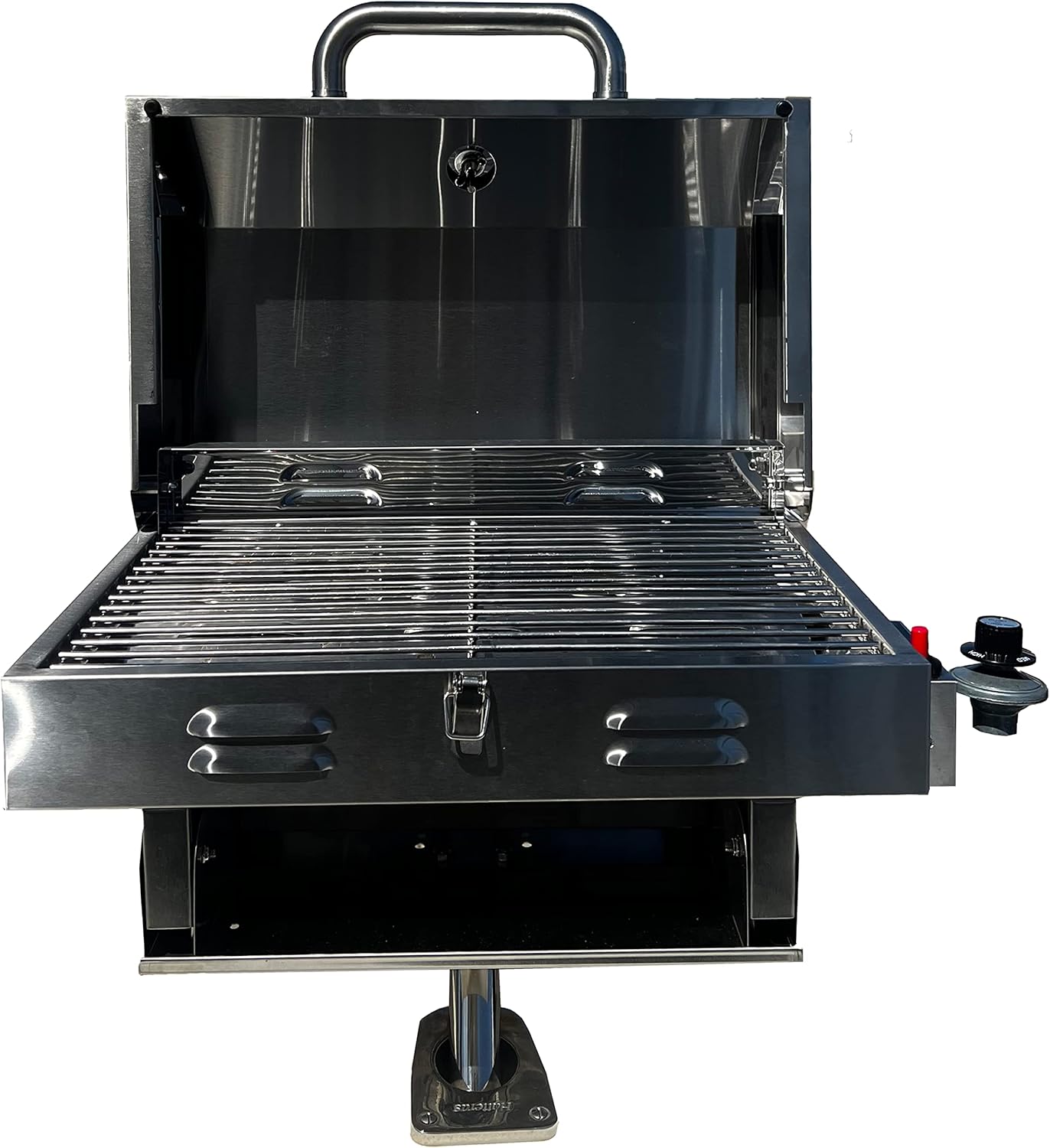 Bunker Up Fishin Stainless Steel Boat Grill with Rod Holder Mount - Great for Boating Marine and Camping - Portable BBQ Grill | Tabletop Grill, 12000 BTU Burner, 246 sq.in Grilling Space