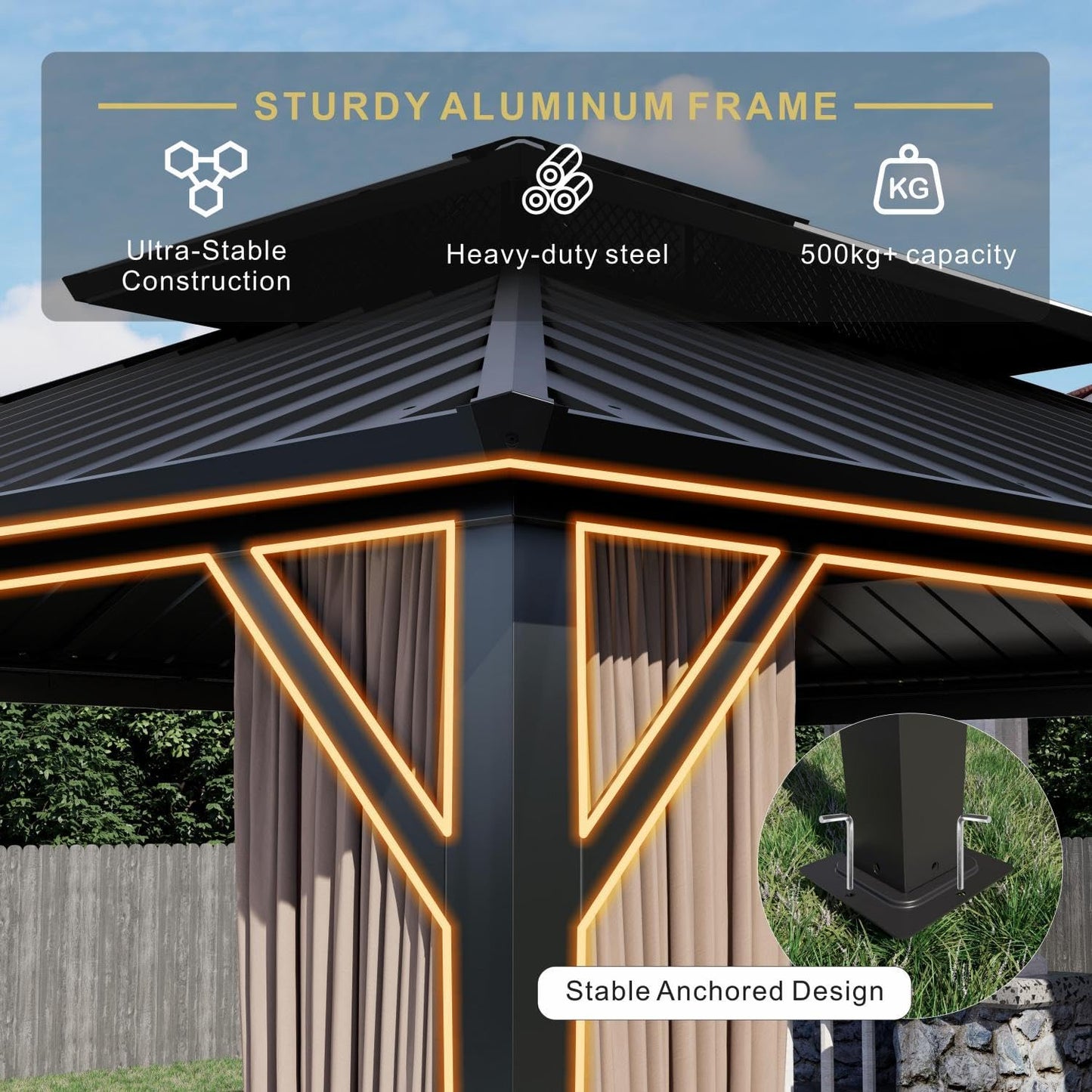 10’x12’ Hardtop Gazebo, Galvanized Steel Double Roof Canopy with Aluminum Frame, Outdoor Pavilion with Nettings and Curtains