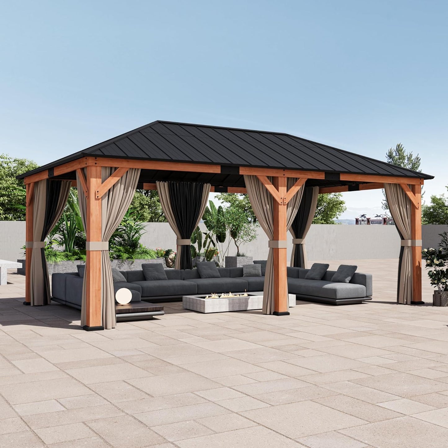 Modern Shade Rosewood Wood Gazebo 10' x 12', Cedar Framed Grill Gazebo with Double Galvanized Steel Roof, Mosquito Netting and Curtains, Permanent Hardtop with Sturdy Hooks for Garden, Backyard, Patio