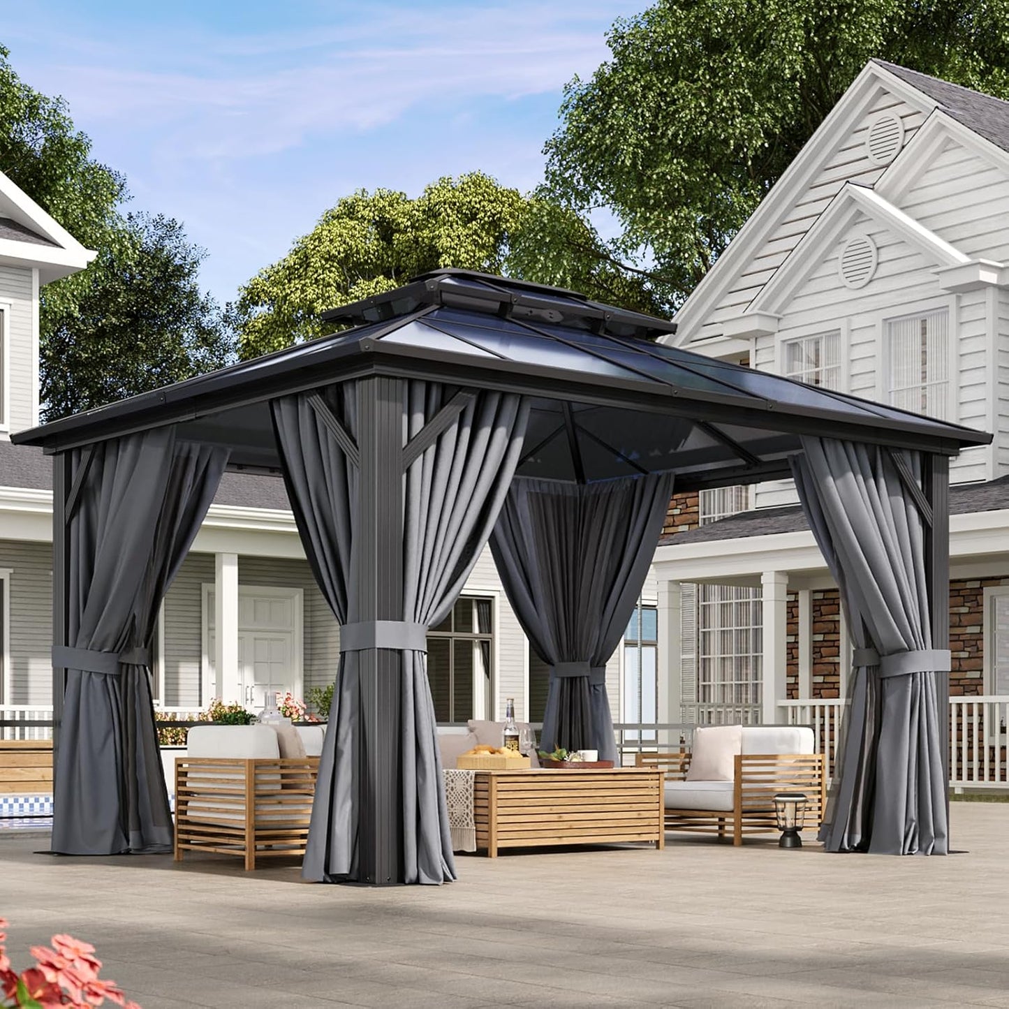 Aoxun 12'x10' Hardtop Gazebo, Aluminum Frame Permanent Pavilion with Curtains and Netting, Outdoor Polycarbonate Double Roof Canopy, Designed for Garden, Lawns, Patio, Brown