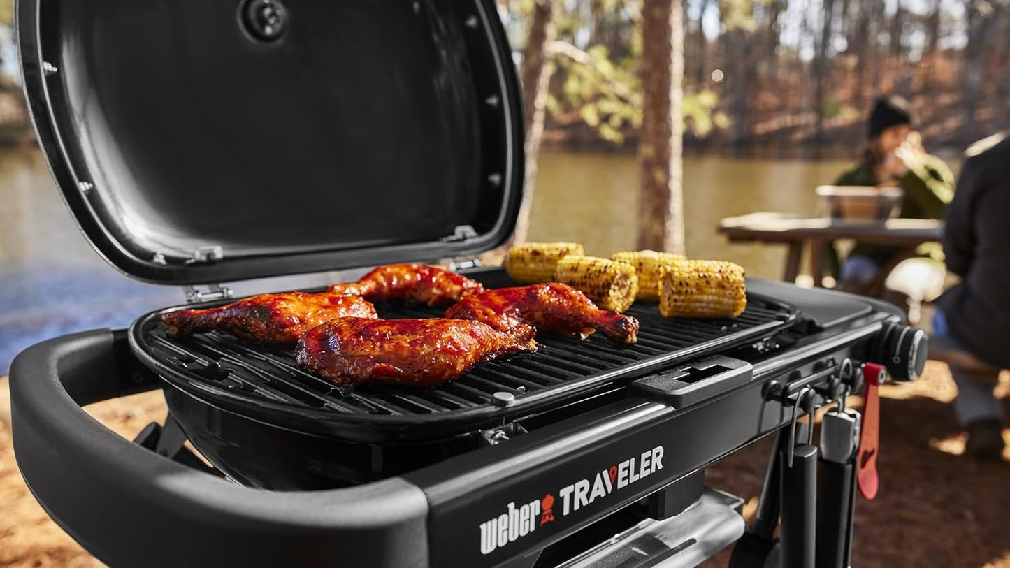 Weber Traveler Compact Portable Liquid Propane Gas Grill for Camping and Travel, 1 Burner, Black
