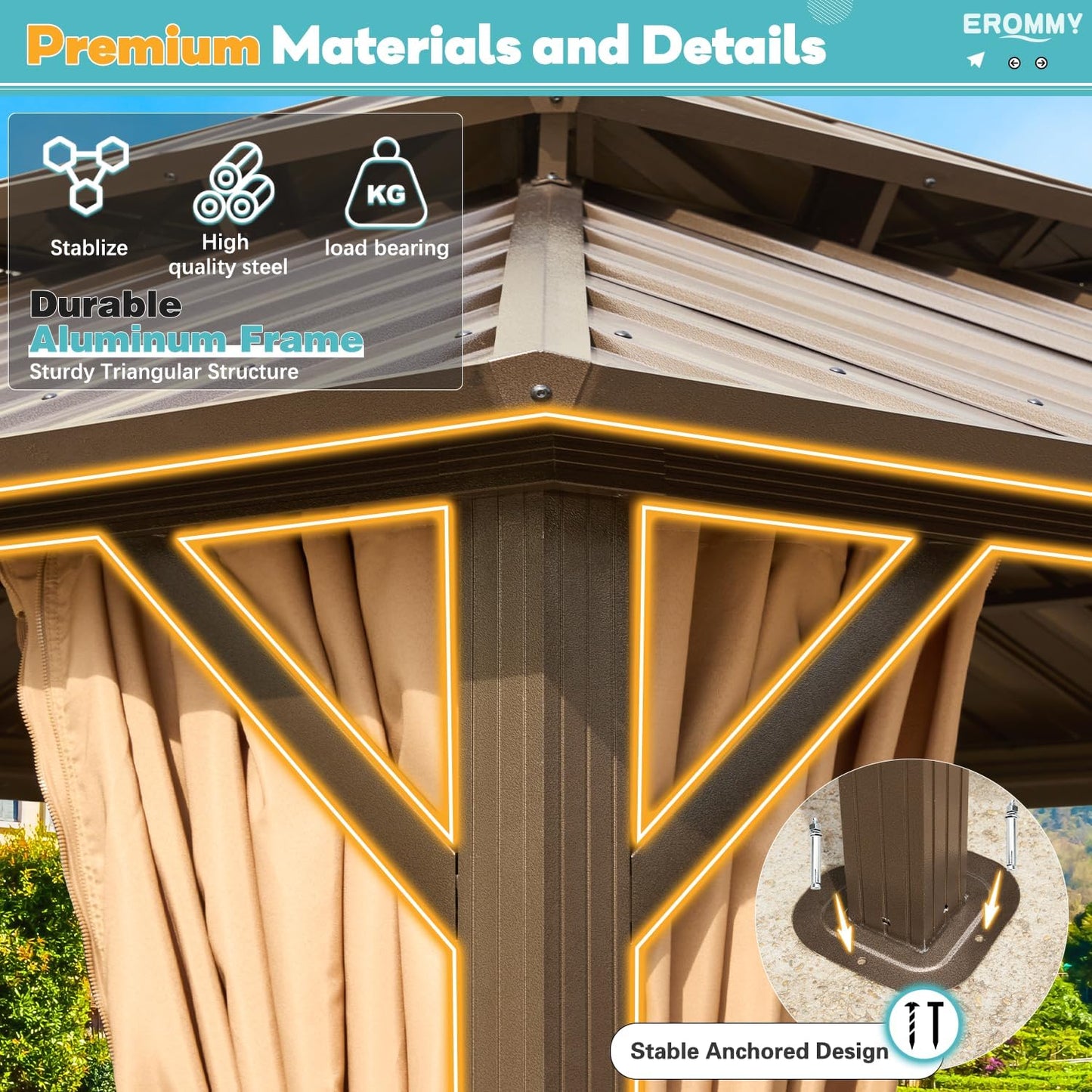 EROMMY 10' x 12' Hardtop Gazebo, Aluminum Frame Gazebos with Galvanized Steel Double Roof, Permanent Outdoor Metal Pavilion with Curtain and Netting for Patio, Lawn, Deck