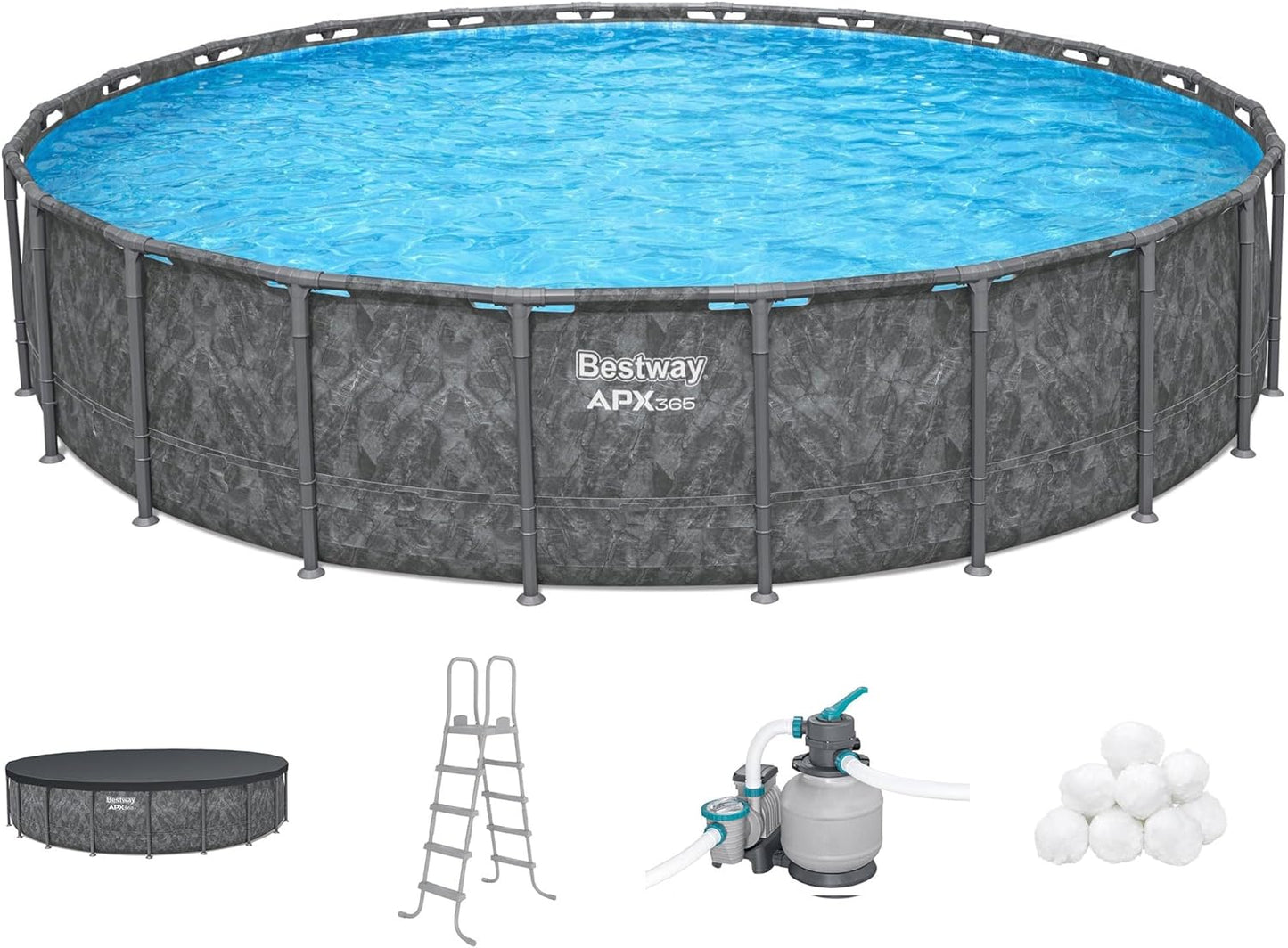 Bestway APX 365 18' x 52" Round Above Ground Swimming Pool Outdoor Backyard Framed Pool Set with Sand Filter Pump, Ladder, and Cover, Dark Marble