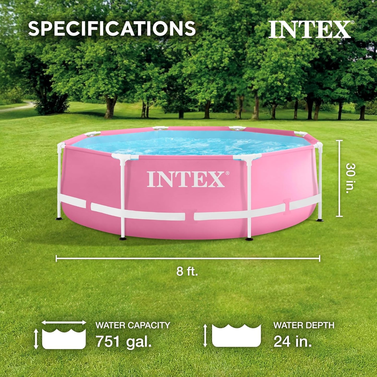 Intex 28290EH 8 Feet by 30 Inches Easy to Assemble Large Round Metal Frame Above Ground Swimming Pool with Dual Suction Outlet Fittings, Pink