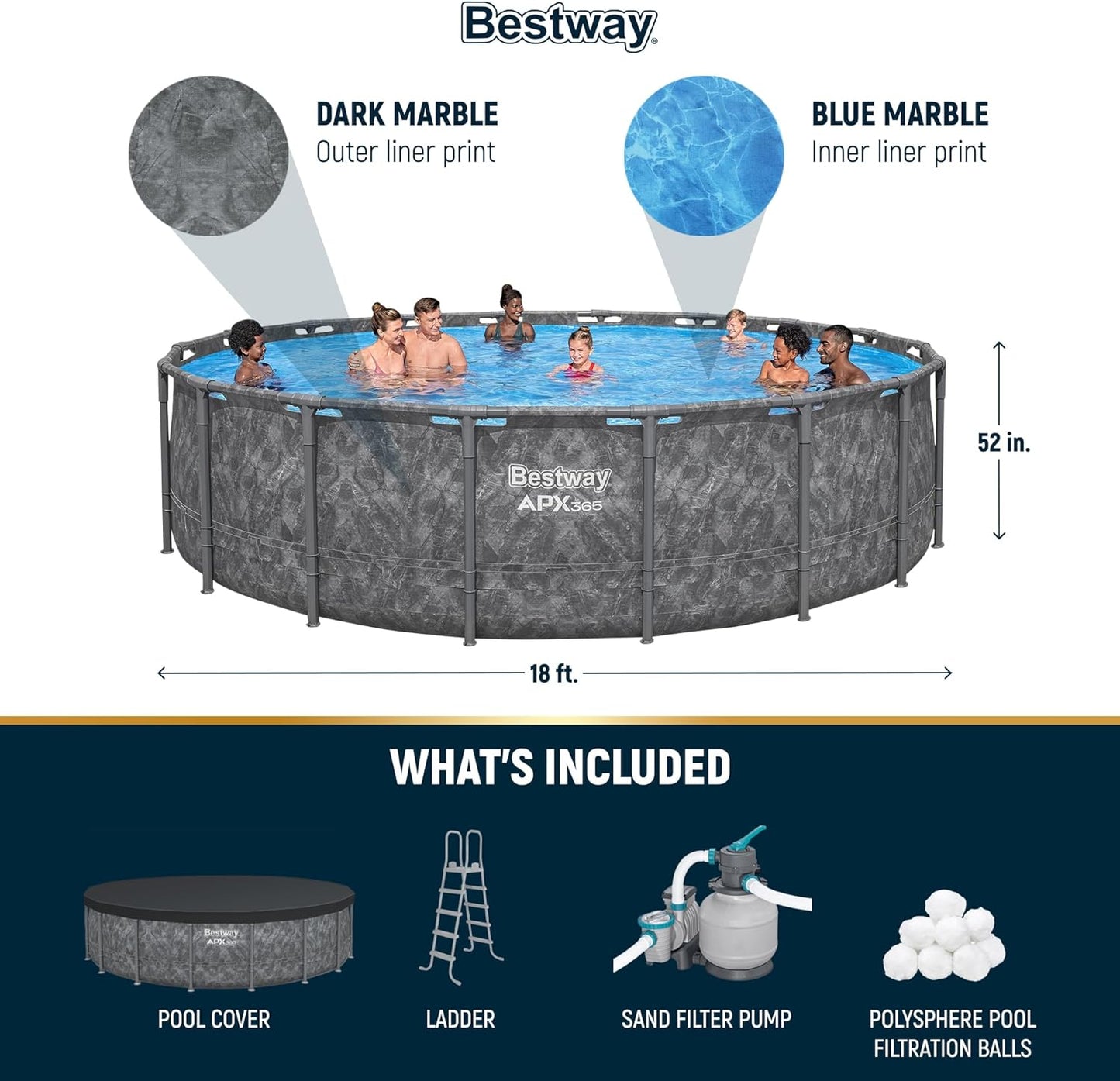 Bestway APX 365 18' x 52" Round Above Ground Swimming Pool Outdoor Backyard Framed Pool Set with Sand Filter Pump, Ladder, and Cover, Dark Marble