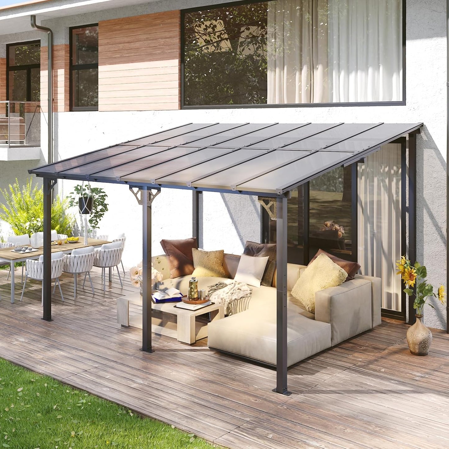 10x20FT Lean to Gazebo, Hardtop Metal Pergola with Polycarbonate Roof, Large Wall Mounted Heavy Duty Awnings, Patio Canopy for Backyard, Deck, Porch