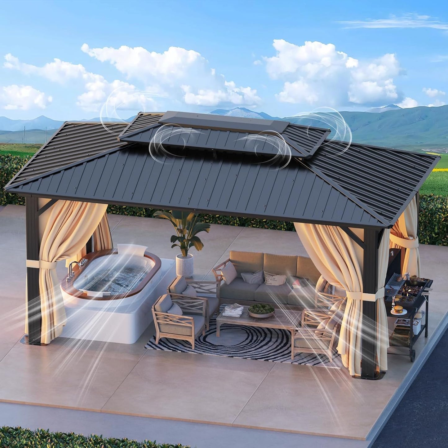 HOTEEL 10x12 Hardtop Gazebo Hot Tub Gazebo with Flame-Retardant Curtain Netting, Heavy Duty Pavilion with Galvanized Steel Double Roof, Aluminum Frame Outdoor Canopy for Patio, Party (2025 Upgraded)