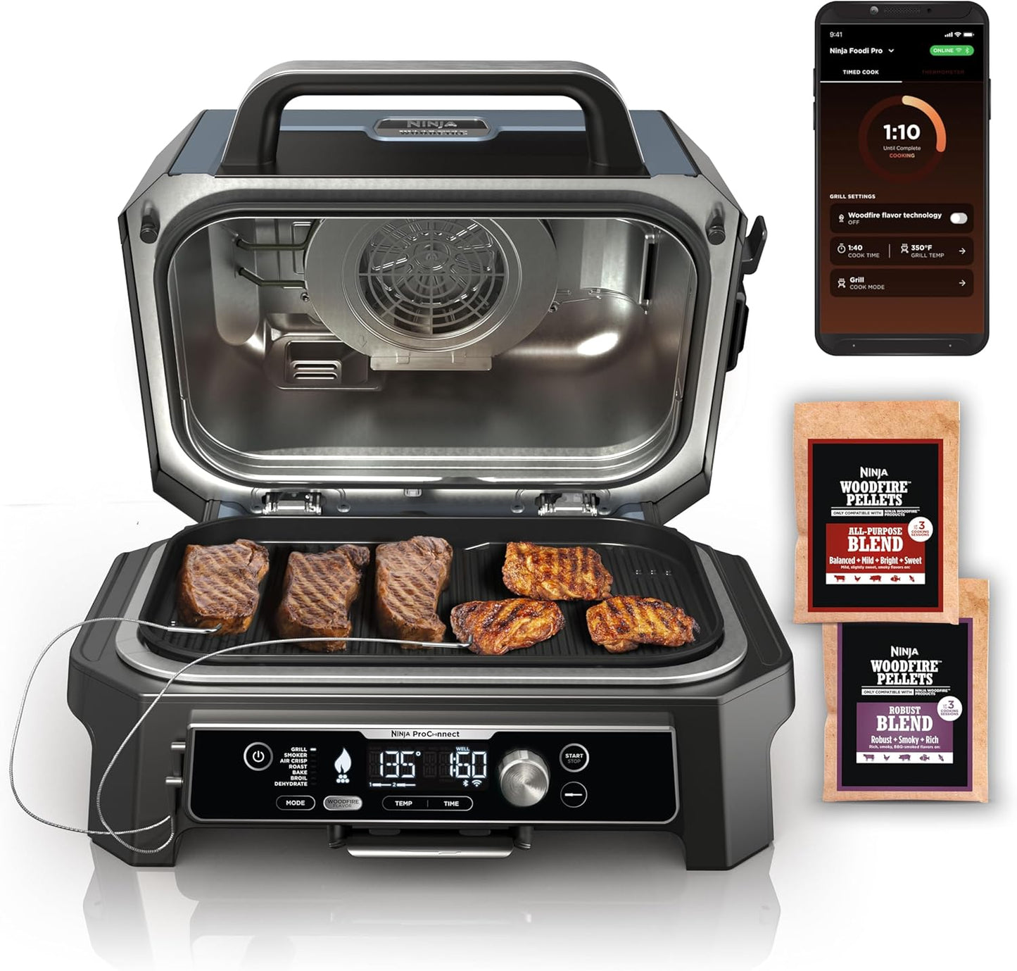 Ninja | Grill & Smoker | Outdoor Woodfire Pro XL | 4 in 1 Grill, BBQ Smoker, Air Fryer & Bake | Portable | Includes Built in Thermometer & 2 Woodfire Pellet Packs | Dark Grey | OG850