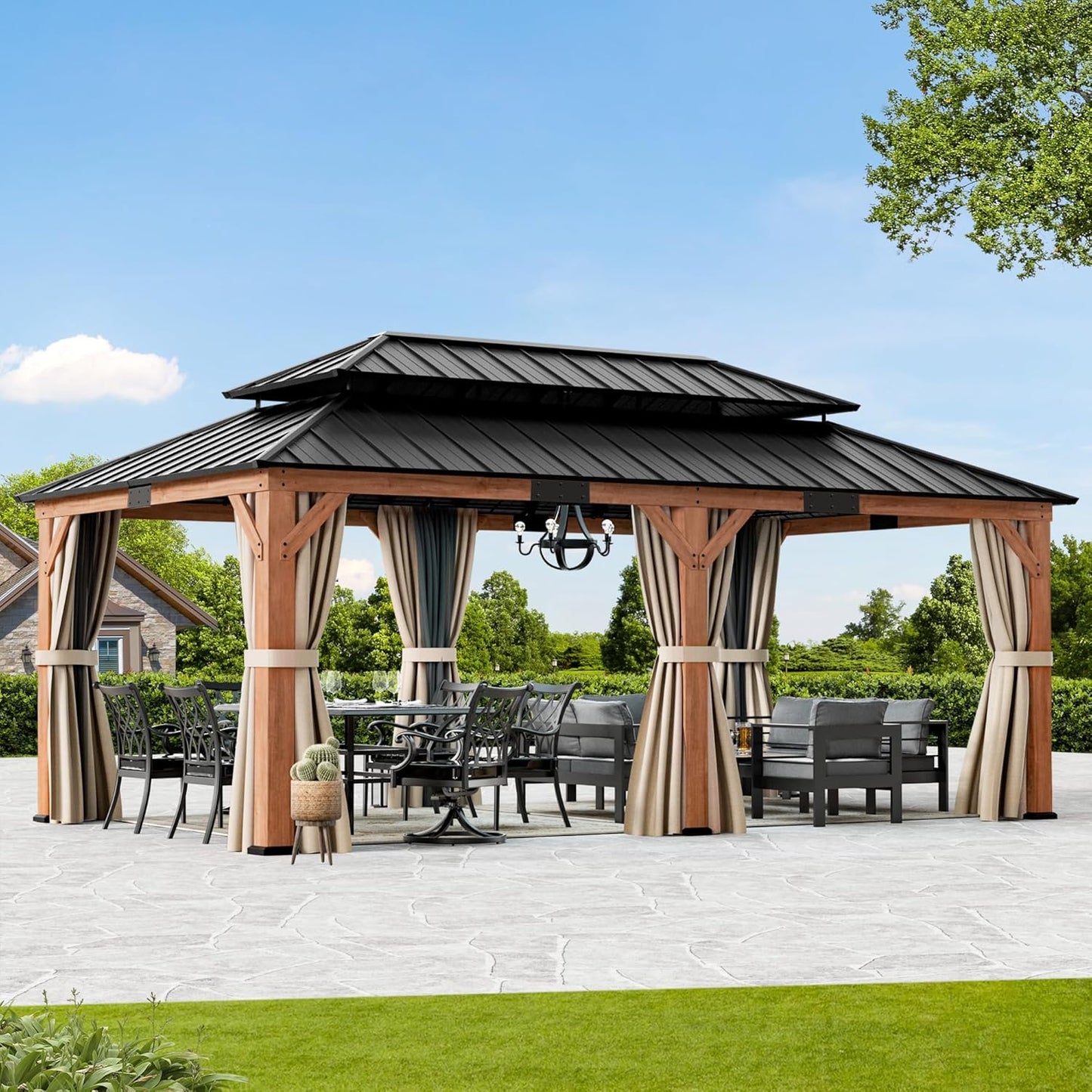 Modern Shade Rosewood Wood Gazebo 10' x 12', Cedar Framed Grill Gazebo with Double Galvanized Steel Roof, Mosquito Netting and Curtains, Permanent Hardtop with Sturdy Hooks for Garden, Backyard, Patio