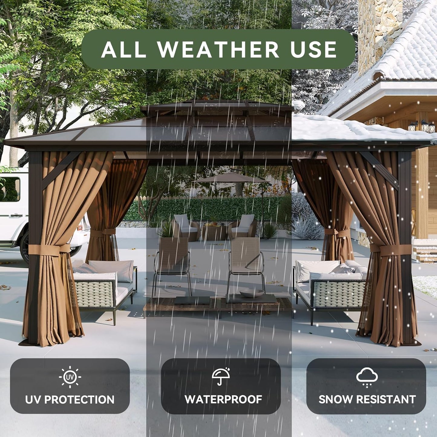 Aoxun 12'x10' Hardtop Gazebo, Aluminum Frame Permanent Pavilion with Curtains and Netting, Outdoor Polycarbonate Double Roof Canopy, Designed for Garden, Lawns, Patio, Brown