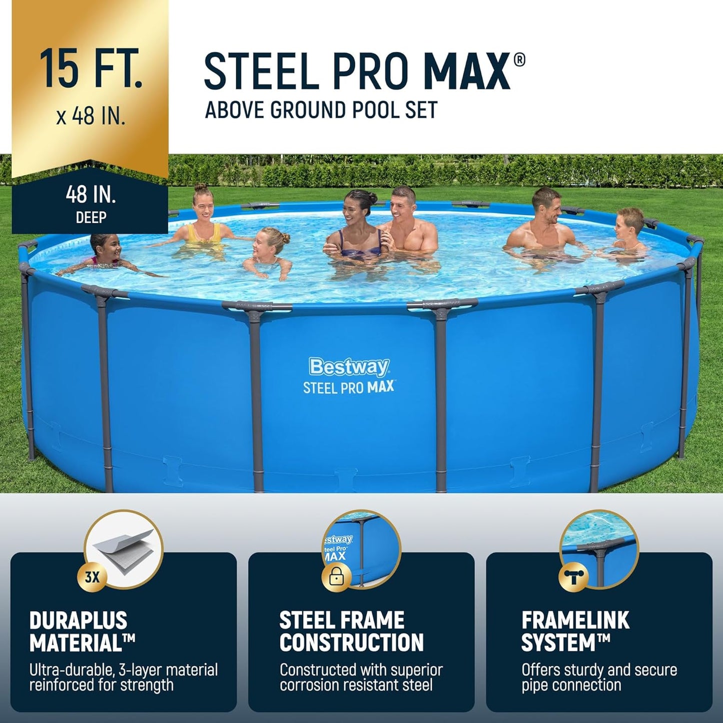 Bestway Steel Pro MAX 15’ x 48" Round Metal Steel Frame Above Ground Outdoor Backyard Swimming Pool for Families, Pool ONLY