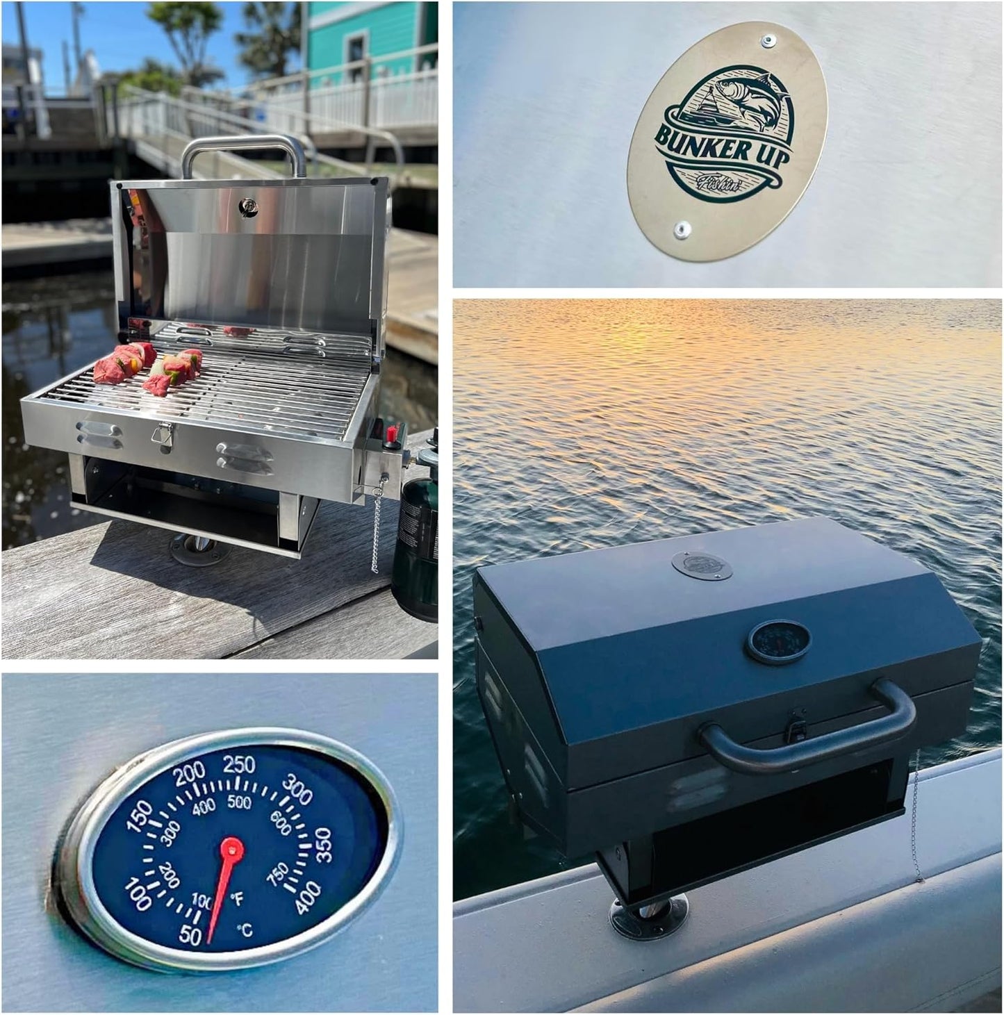 Bunker Up Fishin Stainless Steel Boat Grill with Rod Holder Mount - Great for Boating Marine and Camping - Portable BBQ Grill | Tabletop Grill, 12000 BTU Burner, 246 sq.in Grilling Space