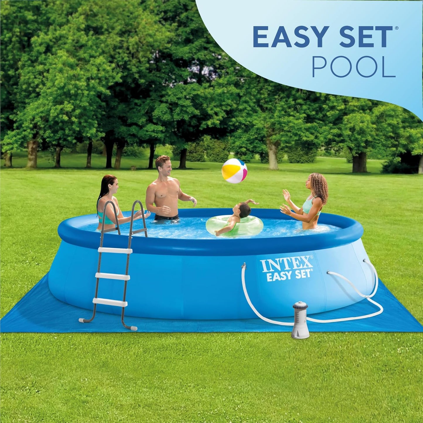 INTEX 26165EH Easy Set Inflatable Swimming Pool Set: 15ft x 42in – Includes 1000 GPH Cartridge Filter Pump – Removable Ladder – Pool Cover – Ground Cloth