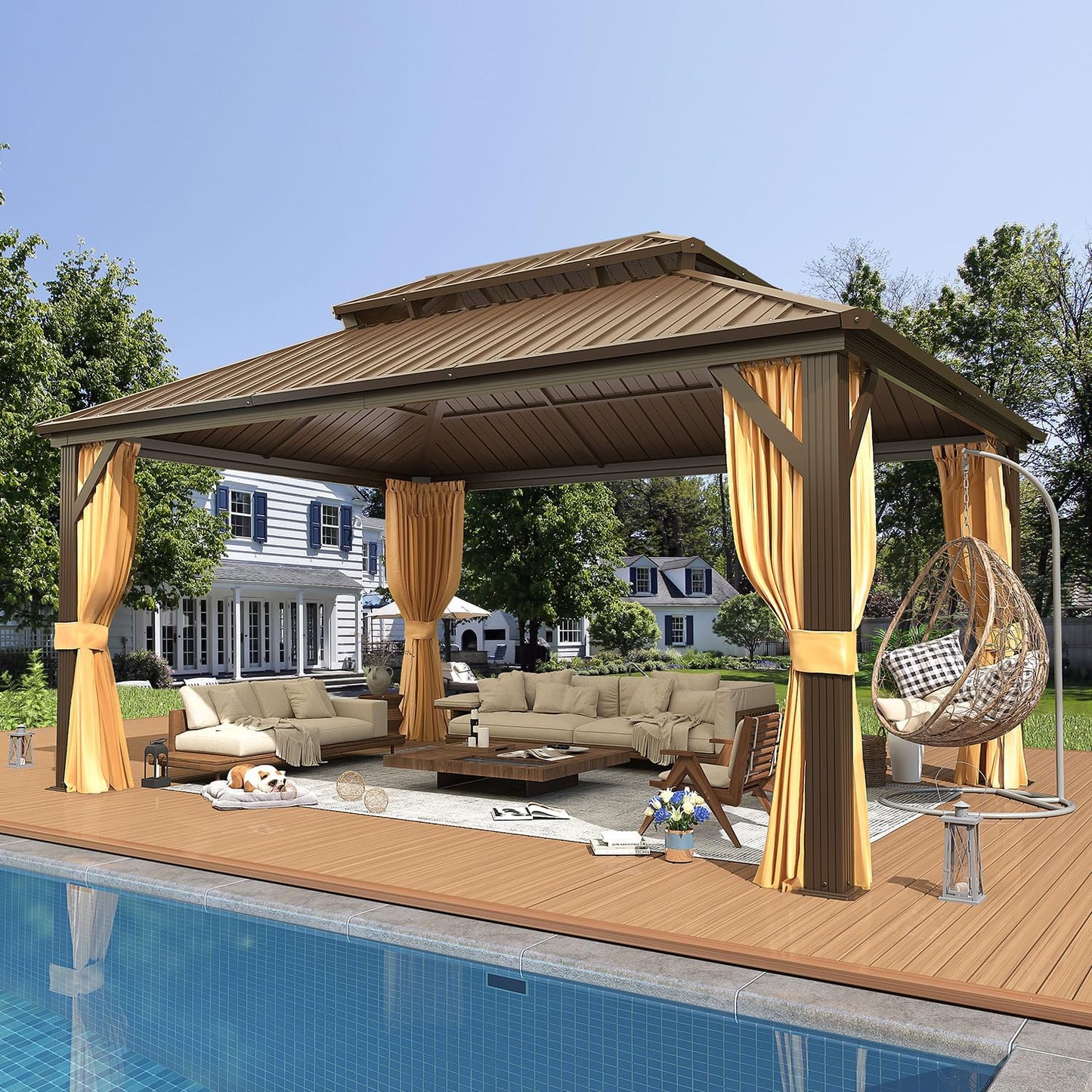 EROMMY 10' x 12' Hardtop Gazebo, Aluminum Frame Gazebos with Galvanized Steel Double Roof, Permanent Outdoor Metal Pavilion with Curtain and Netting for Patio, Lawn, Deck