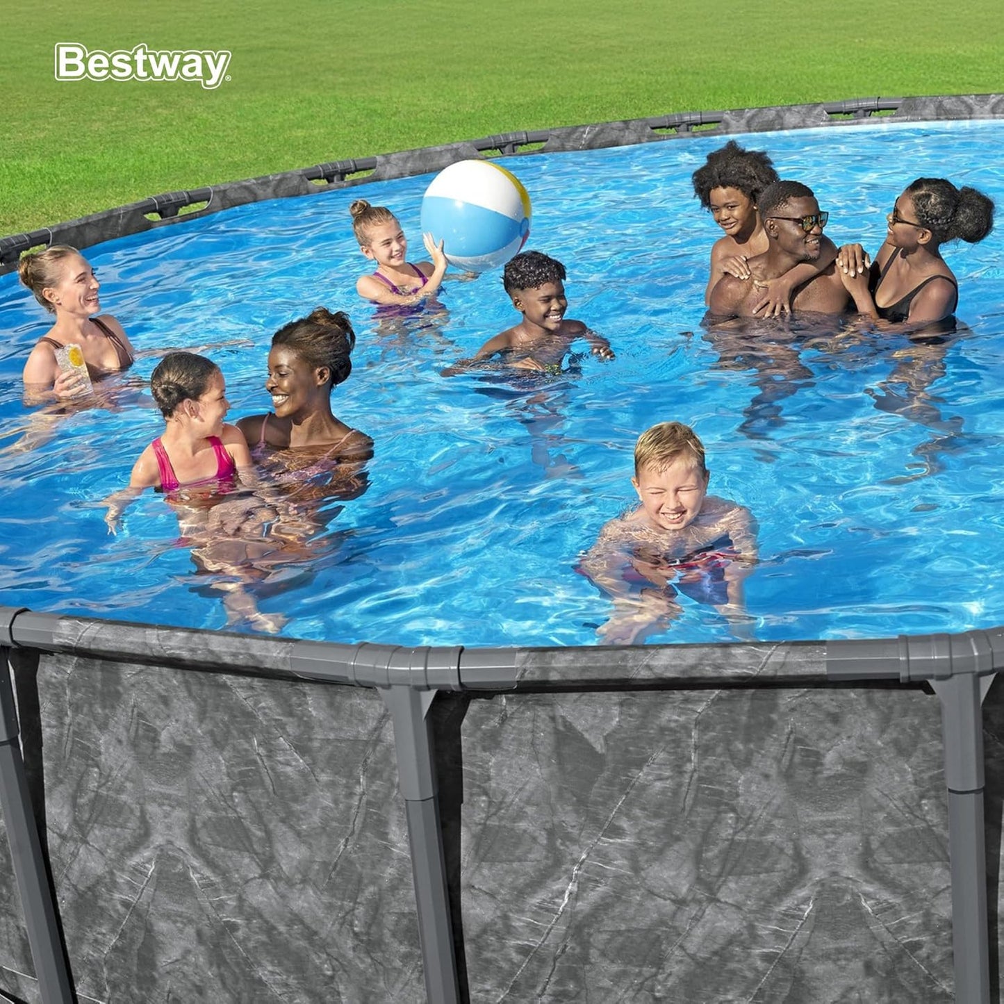 Bestway APX 365 18' x 52" Round Above Ground Swimming Pool Outdoor Backyard Framed Pool Set with Sand Filter Pump, Ladder, and Cover, Dark Marble